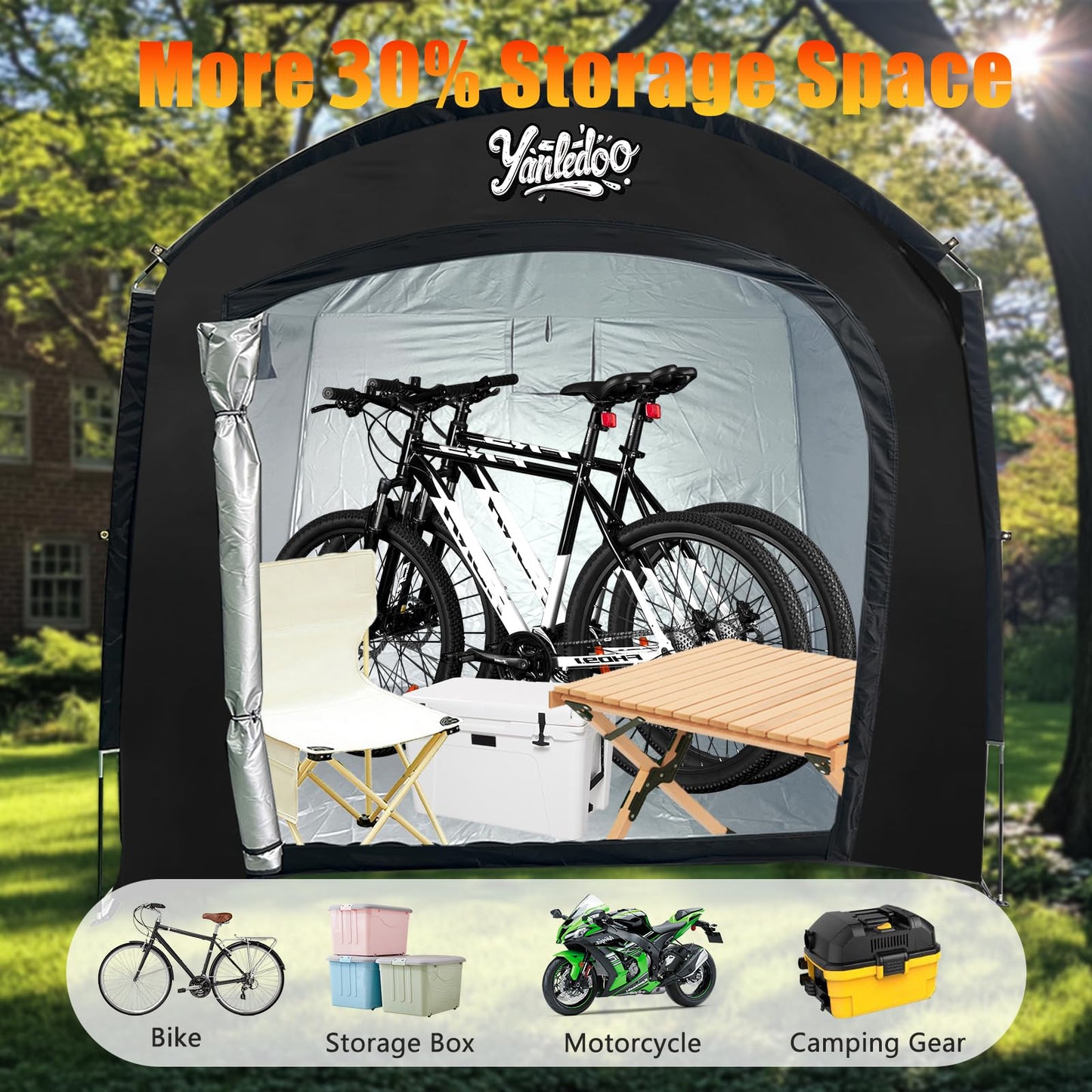 Yanledoo Bike Storage Tent, Outdoor Shed with Thick Waterproof Fabric, 30% More Top Space, Fits 2/3/4/5 Bikes or Tricycles, Easy Setup, Portable Cover for Garden Tools & Motorcycles(Black)