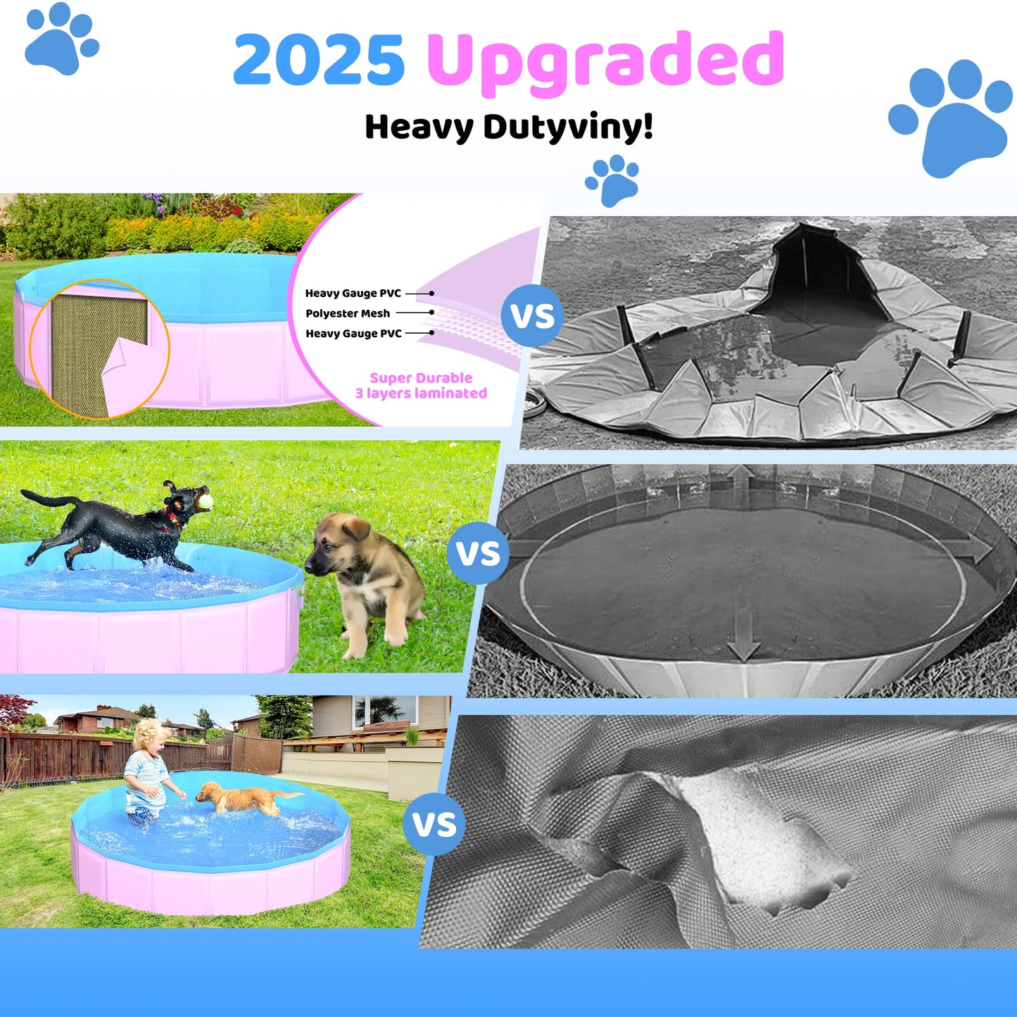 CACSPS Foldable Dog Pool, 87" x 12" Kiddie Pool with Hard Plastic, Non-Slip Dog Bath Tub for Outdoor Backyard, Collapsible Dog Swimming Pool for Kids Dogs Pets (Pink)