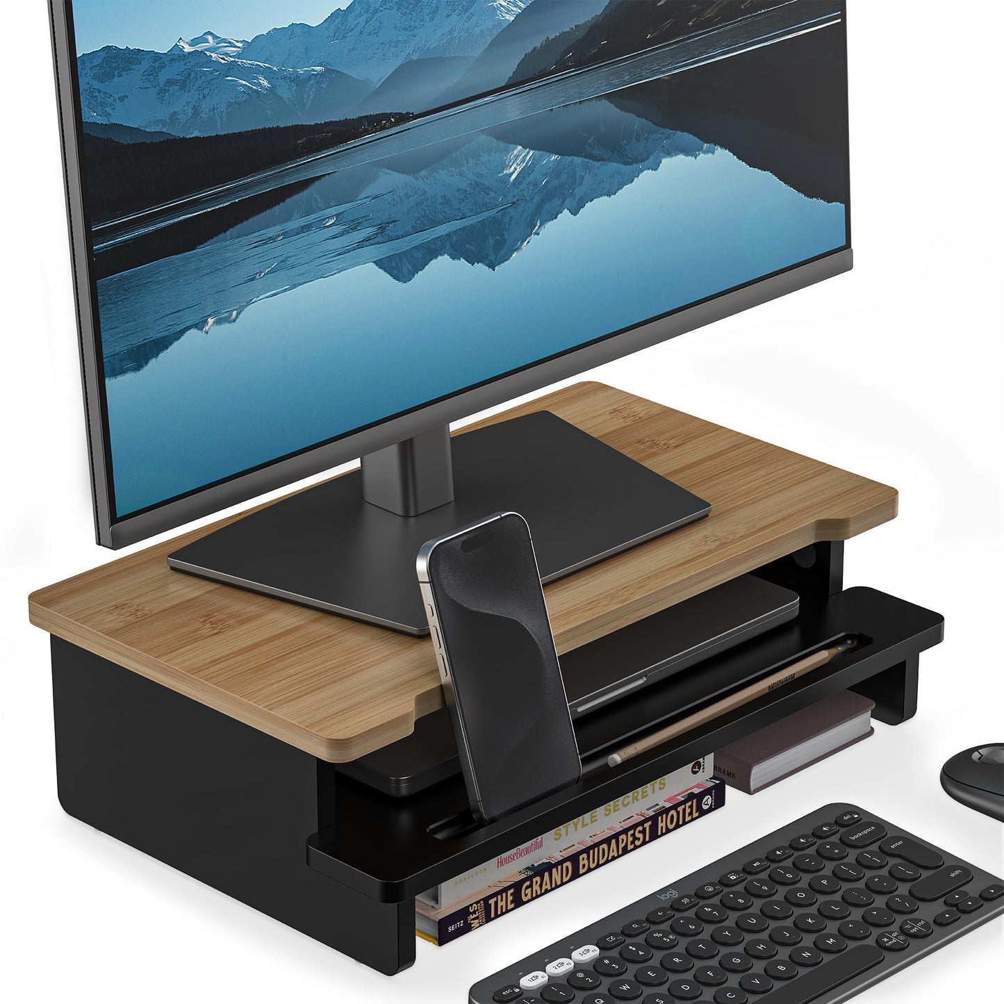 WELL WENG Monitor Stand Monitor Stand Riser for Desk,Wood Desk Shelf Storage Organizer with Phone Tablet Holder (16.5 Inch, Black & Dark Bamboo)