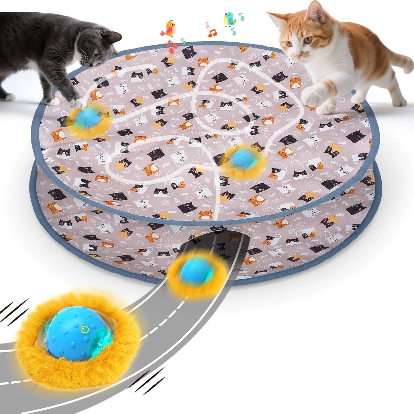 IOKHEIRA Interactive Cat Toy for Indoor Cats, Hide and Seek Cat Toy with Light&Chirping Bird, Automatic Rolling Cat Ball in Pocket, Motion Activated Kitten Toys, Jouet Pour Chat for Cat Enrichment