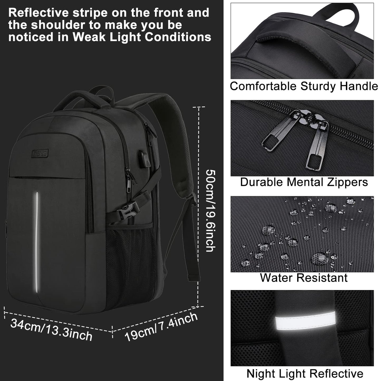 Extra Large 50L Travel Laptop Backpack for Men Women,Water Resistant 17 inch Laptop Backpack Work Bag with USB Charging Port,Big Capacity Heavy Duty TSA Approved Business College Computer Bag,Black