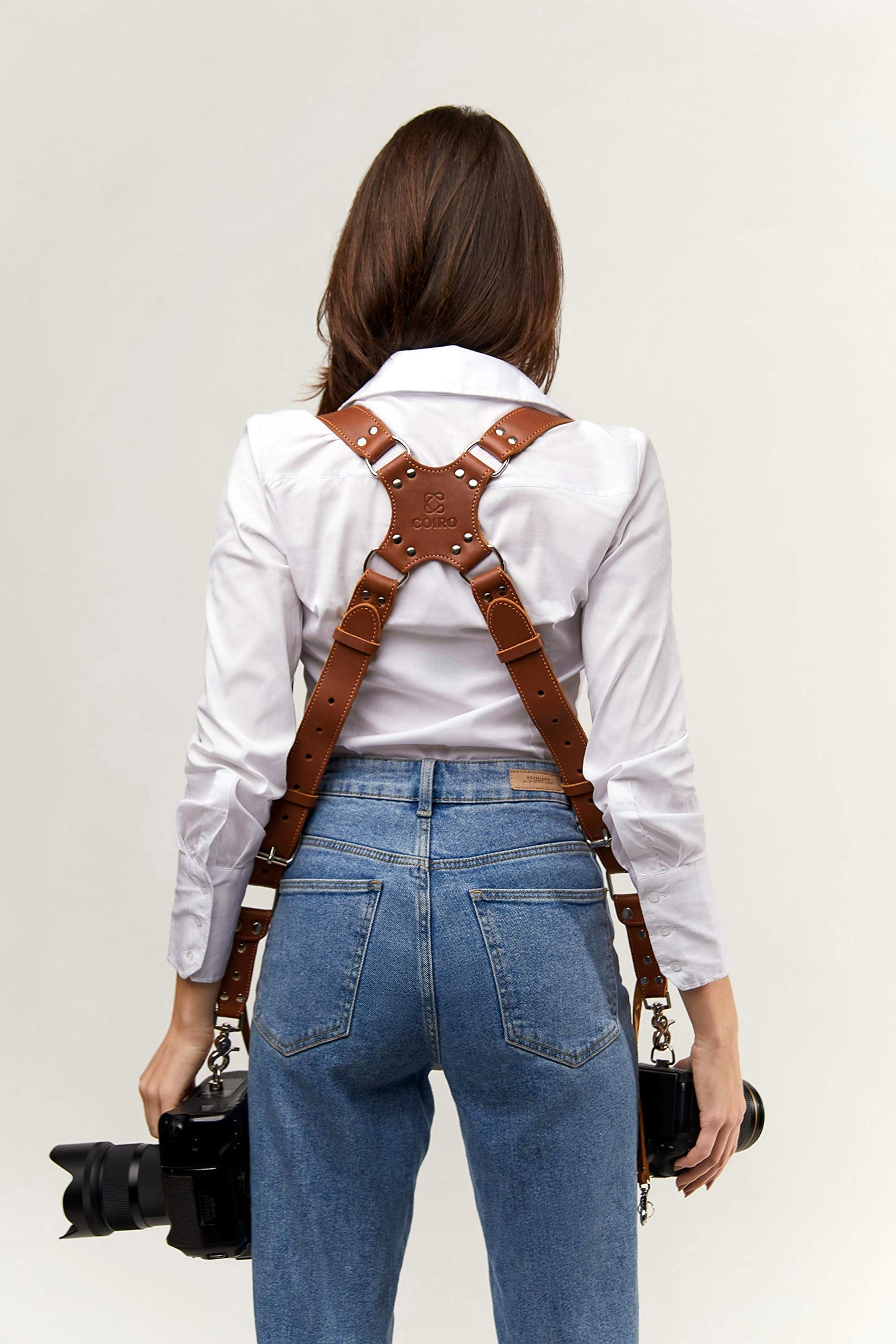 C Coiro Camera Harness for 2 Cameras – Dual Shoulder Leather Camera Strap – Double Camera Harness for DSLR/SLR, Tan, adjustable