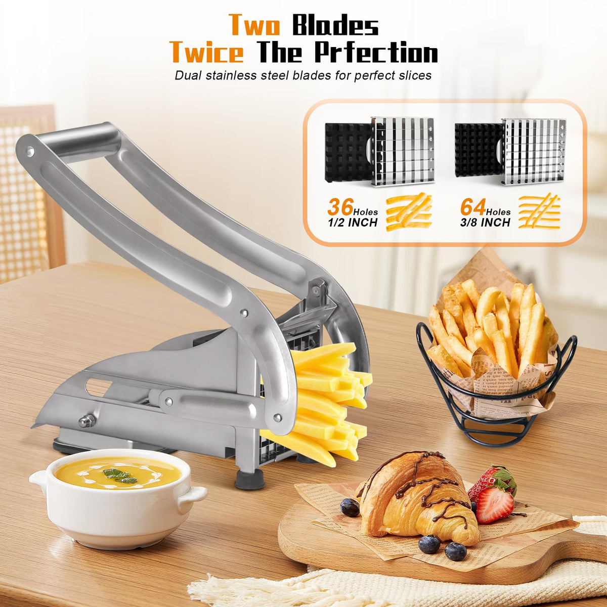 French Fry Cutter, Stainless Steel Potato Cutter, Potato Slicer, Includes 2 Blade Size Cutter Options and No-Slip Suction Base, Perfect for use with Air Fryer