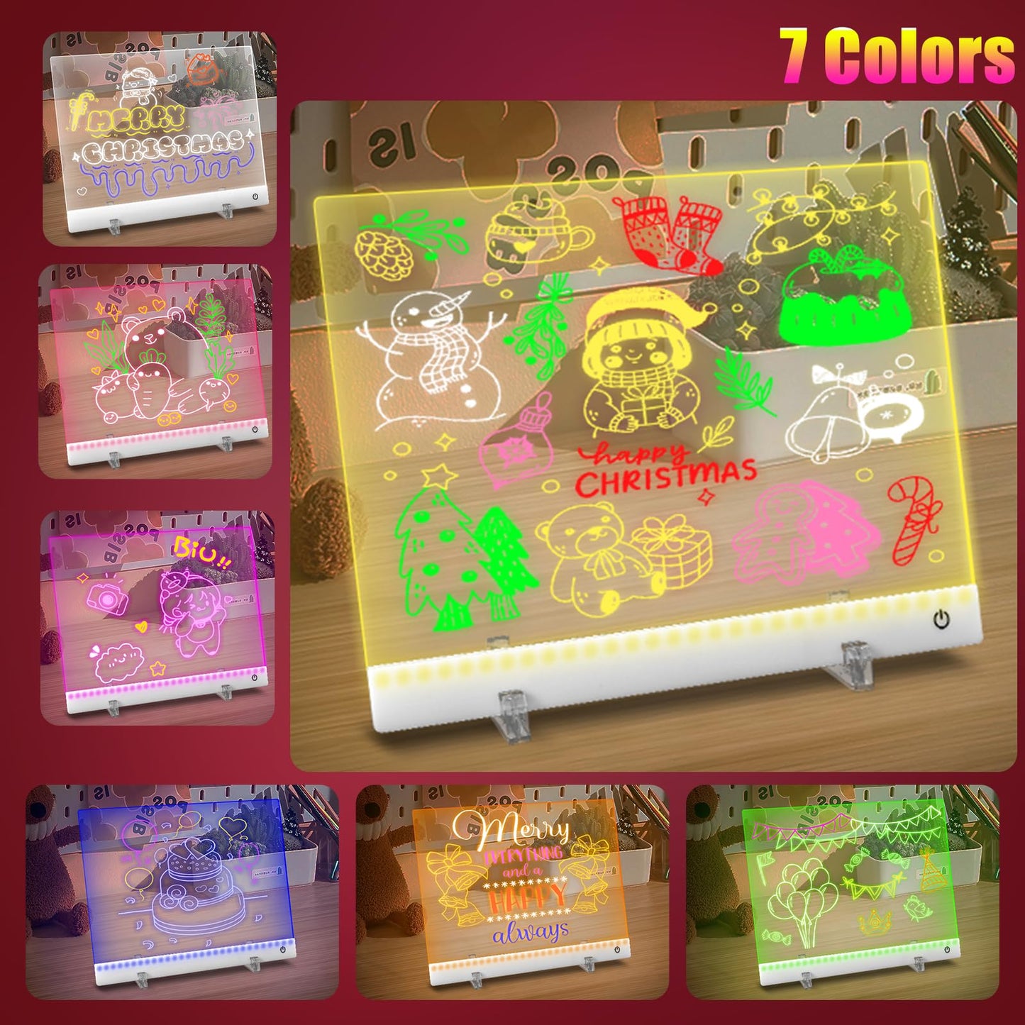 Rechargeable LED Note Board with 4 Modes,7 Colors LED Drawing Board,Acrylic Dry Erase Board with Light,As Night Light for Room/Store/Office,Ideal Gift for Christmas,Valentine's Day,30 * 20cm