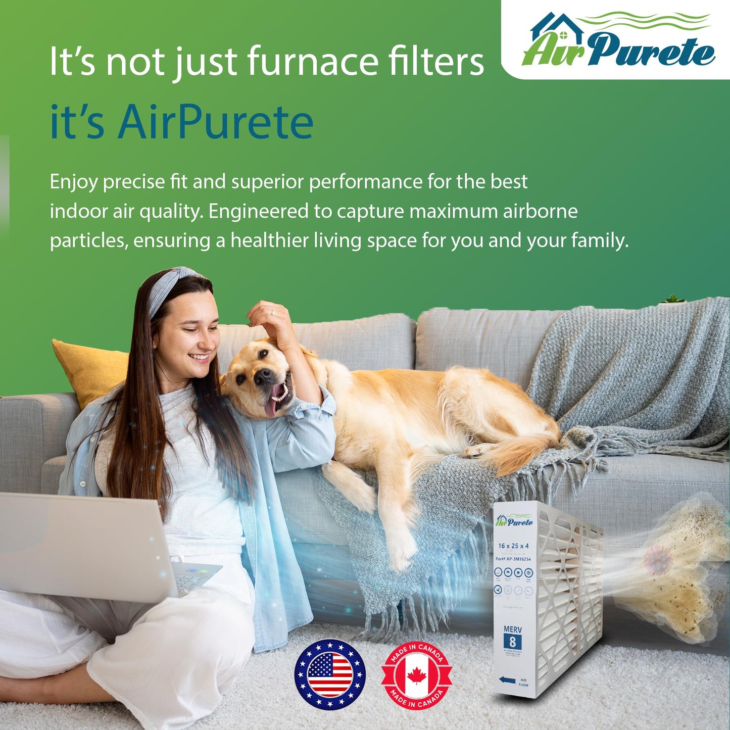 16x25x4 (3-3/4") Furnace Filter | AirPurete AP-3M16254 | Actual Size: 15-1/2" x 24-1/2" x 3-3/4" | MERV 8 | Pack of 4