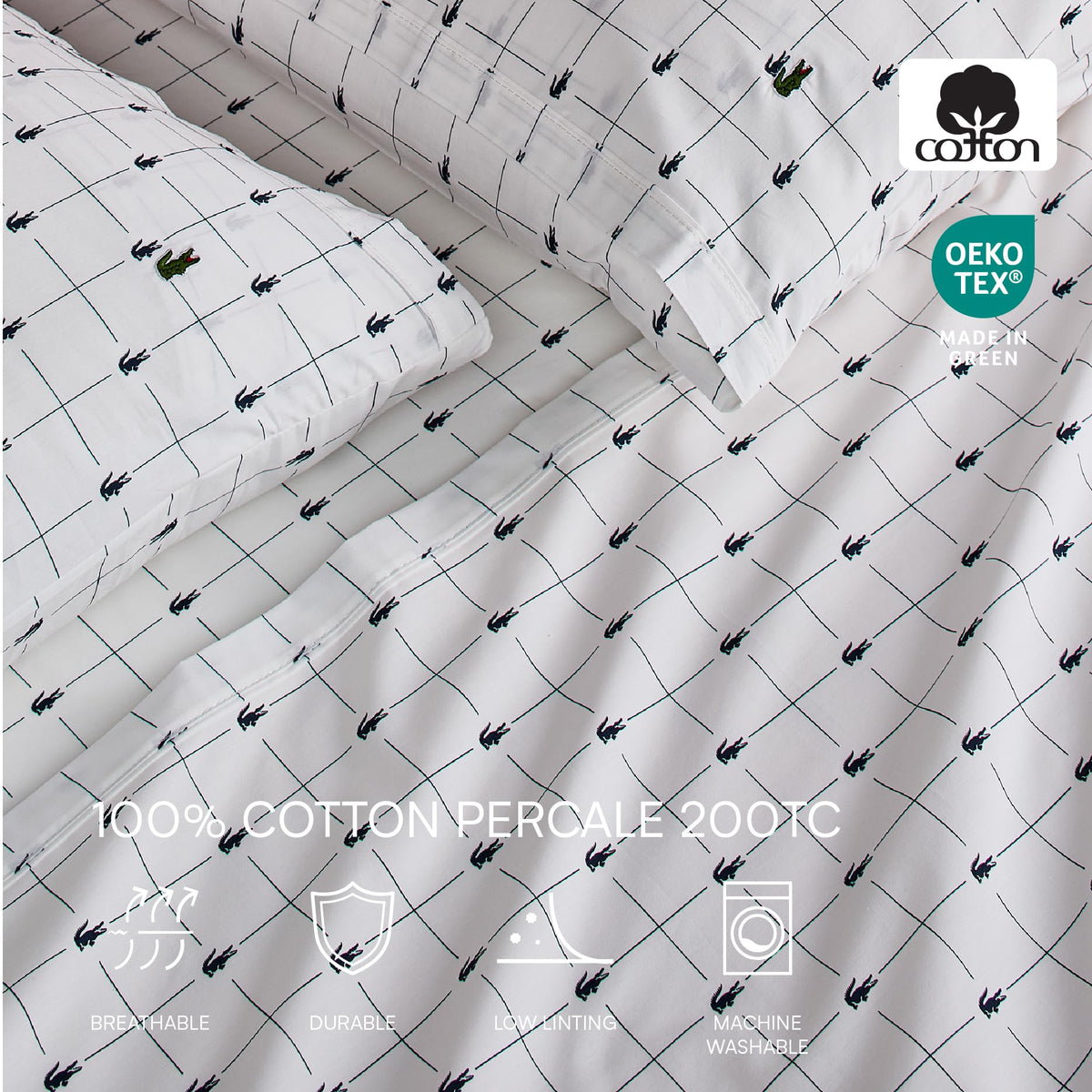 Lacoste 100% Cotton Percale 4-Piece Sheet Set – Cool, Crisp, Matte, and Durable, Oeko-Tex Certified – Print, Slice, Navy, Queen
