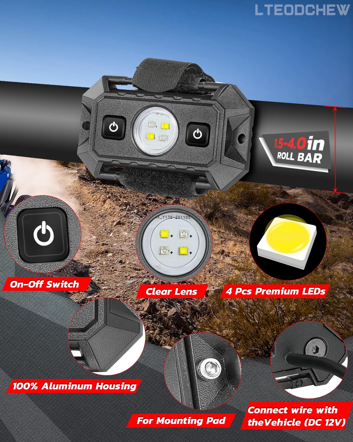 LED UTV Dome Light Red White 12V W/Switch, IP68 Waterproof Aluminum Universal Roll Bar Mount LED Interior Dome Light for UTV Can-Am Commander Defender Maverick X3 ATV Polaris RZR Truck
