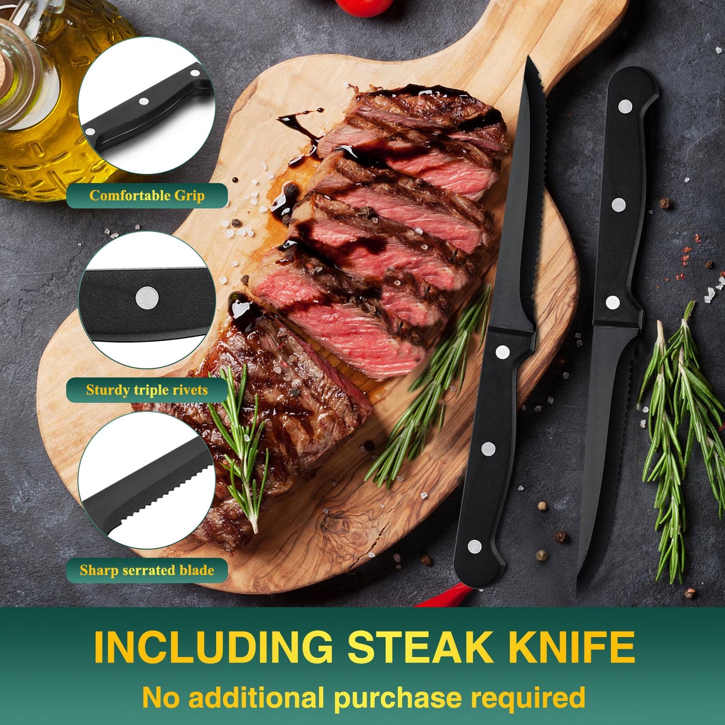 48-Piece Black Flatware Set with Steak Knives for 8, Yoehka Stainless Steel Cutlery Set Home Kitchen Eating Utensils Set, Tableware Include Fork Knife Spoon, Mirror Polished
