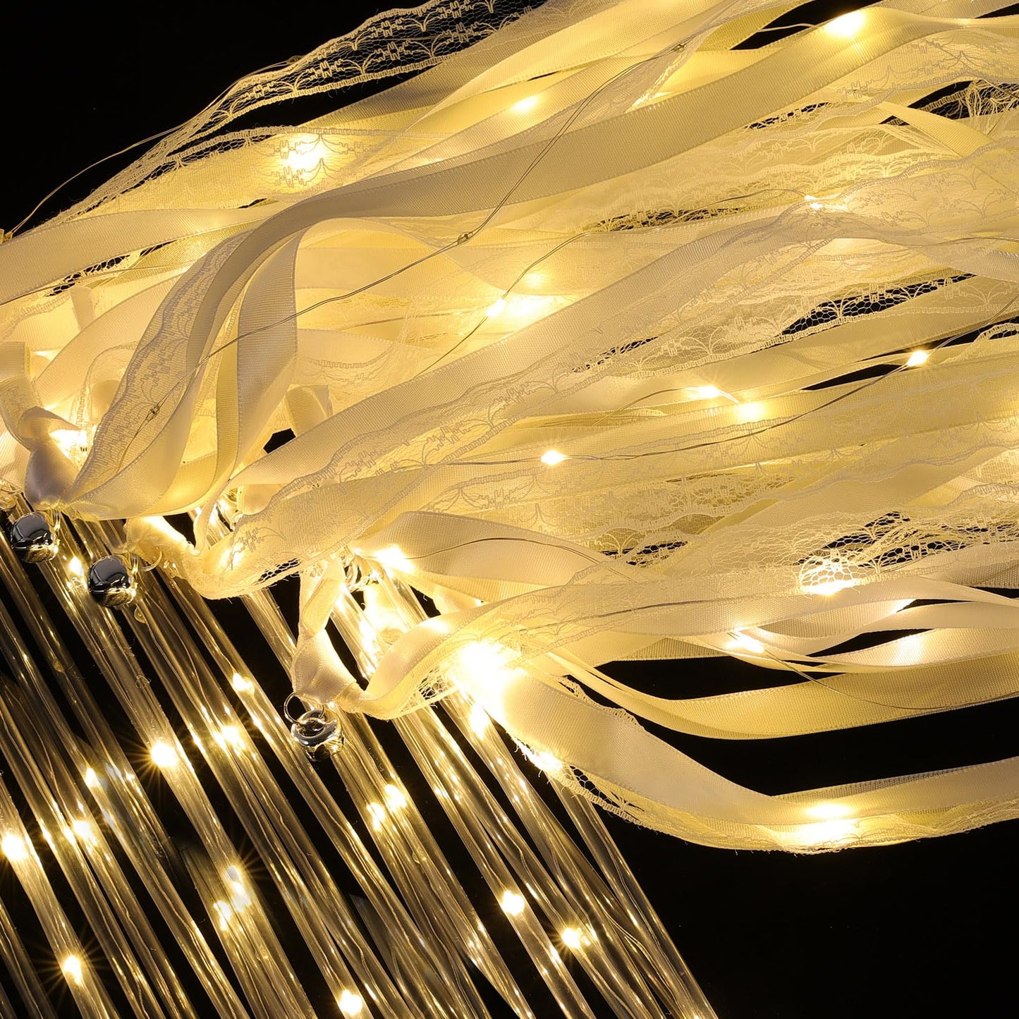 50 Pcs Wedding Wands Ribbon Streamers with 3 Colorful Flashing Modes, Light up LED Silk Fairy Wands, Glow Lace Stick with Bells for Wedding Reception, Graduation, New Year, Birthday Party (Warm White)