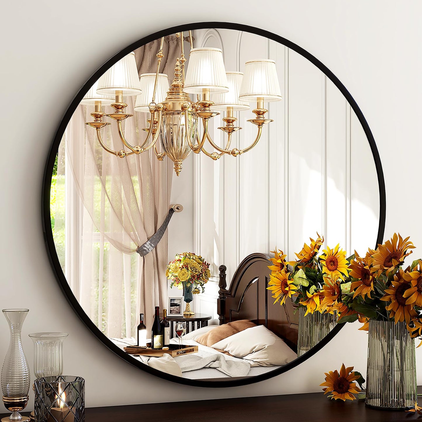 HARRITPURE Round Bathroom Mirror - 20" Black Circle Wall Mirror Aluminum Alloy Frame Hanging Modern Decoration for Vanity, Bedroom, Entryway