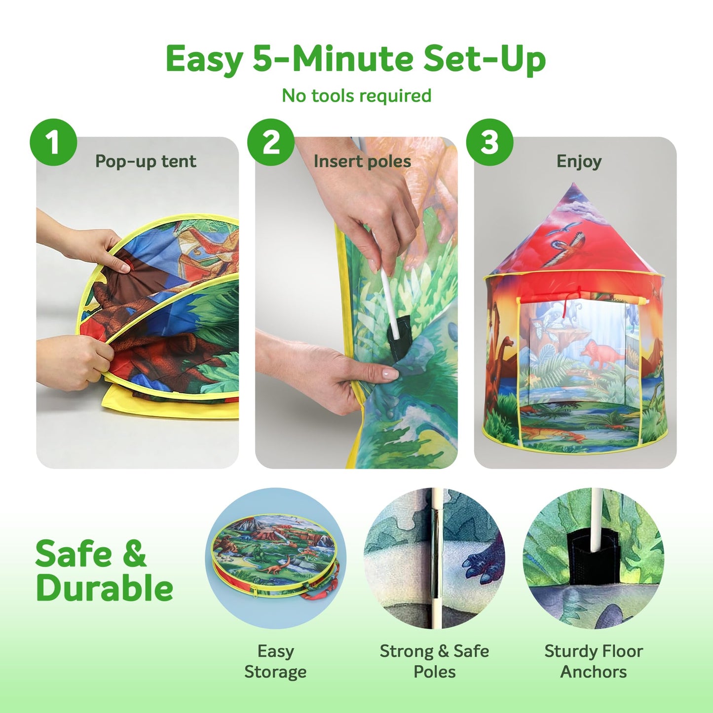 W&O Dinosaur Discovery Kids Tent with Roar Button, Dinosaur Toys and LED Lights - Epic Pop Up Tent for Boys & Girls - Perfect for Indoor & Outdoor Adventures