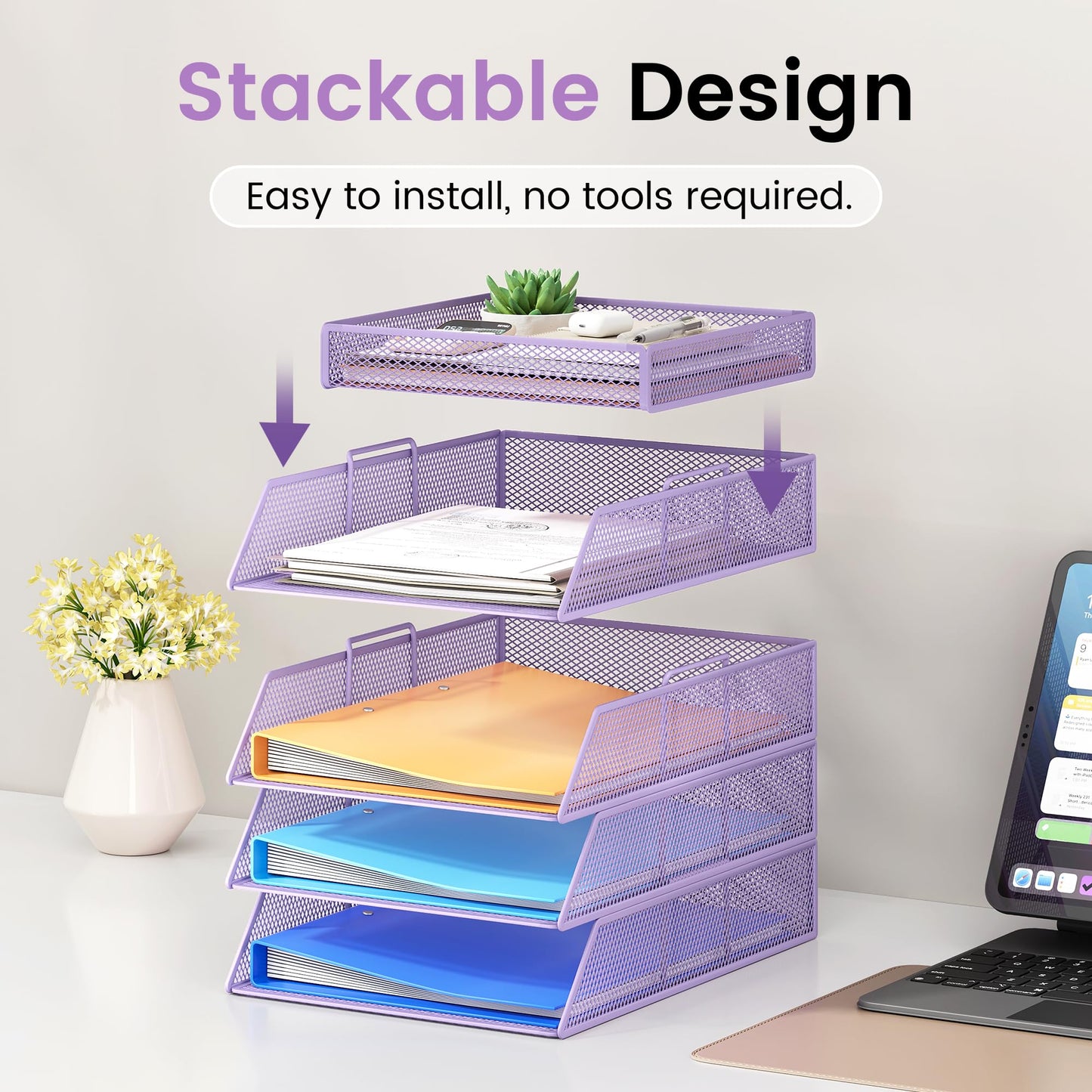 Marbrasse Desk Organizer with 1 Pen Holder, 5-Tier Stackable Paper Tray, Metal Mesh Desk Organizers and Storage for A4 Document, Paper Sorter, Letter Trays for School, Home, Office(Purple)