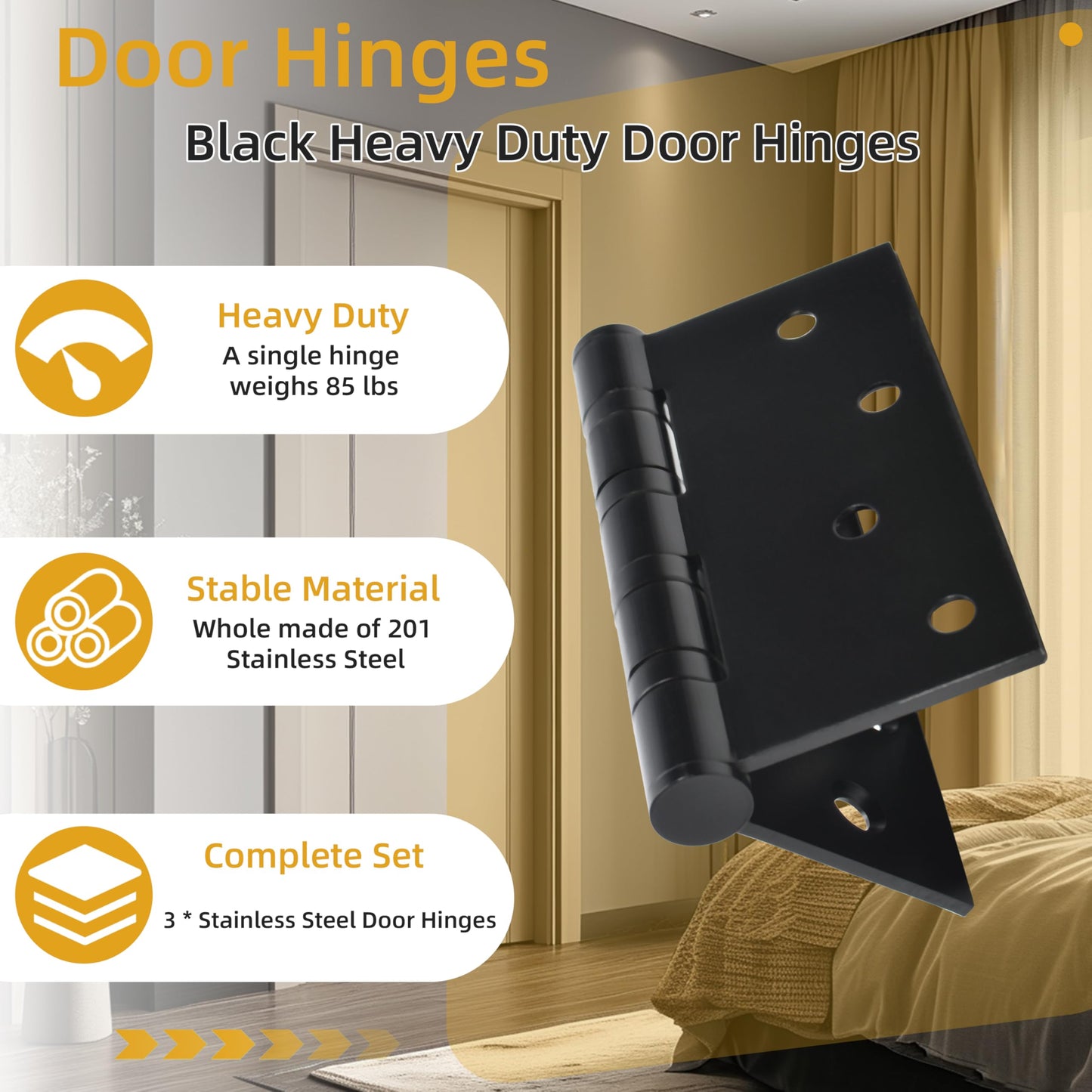 3 Pack 4 inch X 4 inch Heavy Duty Black Door Hinge, Interior & Exterior Door Hinges with Square Corner Ball Bearing, 0.11" Thickness Stainless Steel, with 24 Screws (Matte Black Hinge)