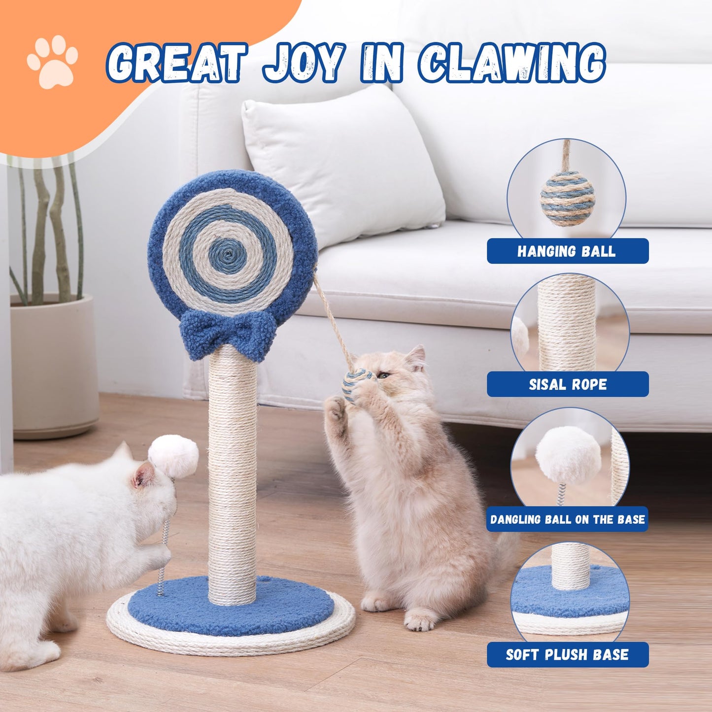 Cat Scratching Post Scratcher for Kittens Cute Small Cat Sisal Rope Indoor Scratch Mini Blue Kitty Decorative Accessories 24 inches Lollipop Post Toy Ball