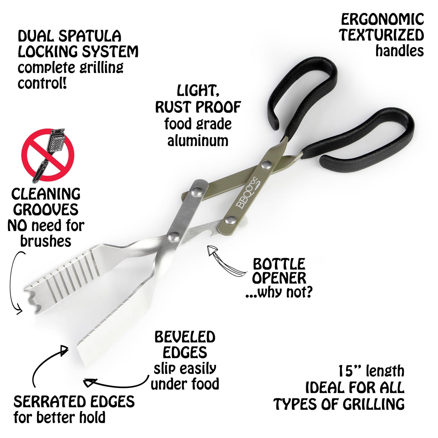 BBQ Croc 3 in 1 Barbecue Tool 15-inch - Extra Light Tongs, Spatula and Grill Scraper (Green) (15 inch (Pack of 2))