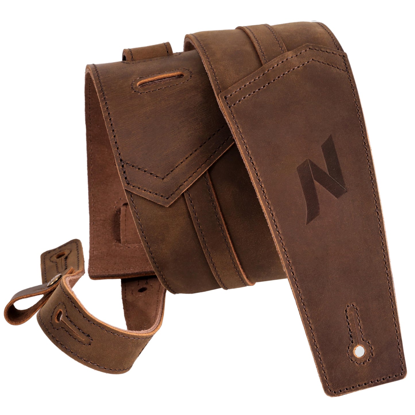Nefelibata 3" Guitar Strap, Full Grain Leather, with Foam Padding and Cable Storage Loop, for Bass, Electric and Acoustic Guitars（Dark Brown）
