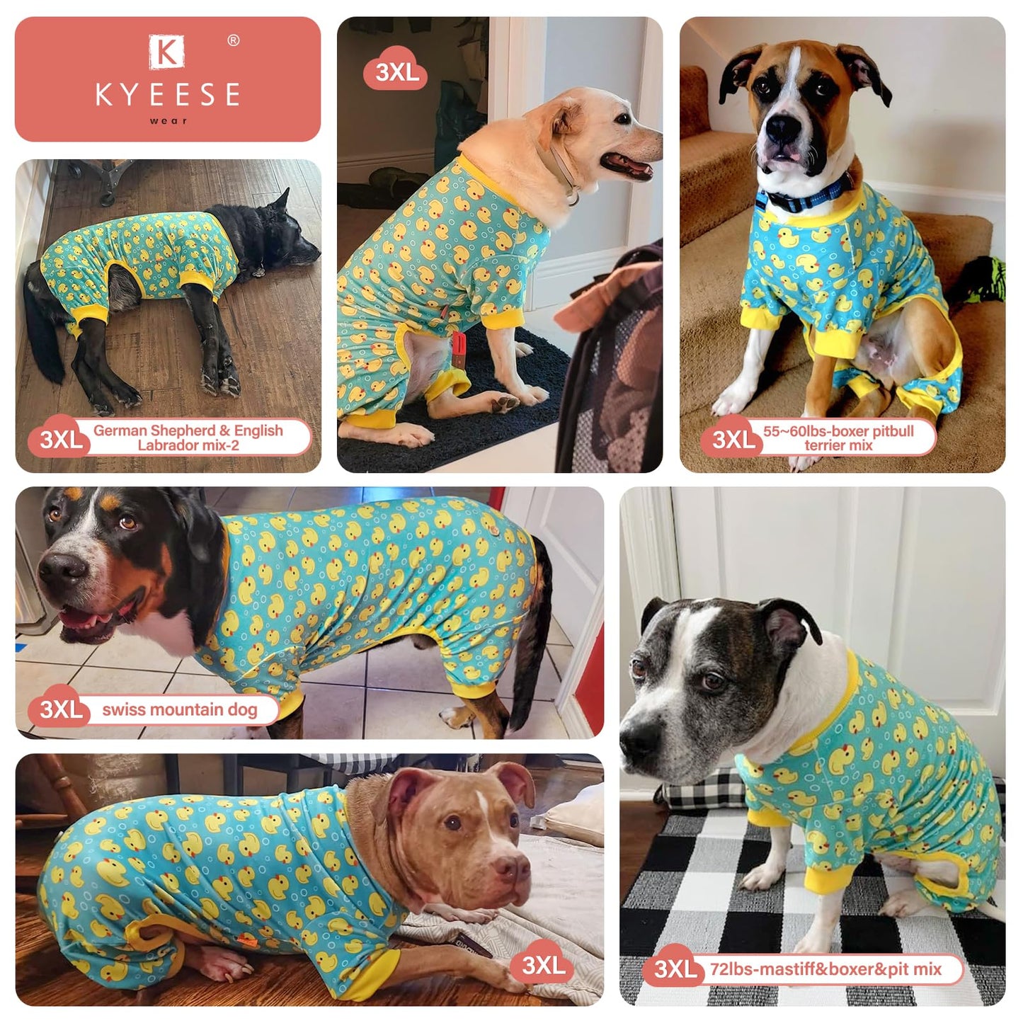 KYEESE Dog Pajamas Velvet Dog Pajamas Large Sized Dogs Soft Dogs Clothes Pjs with Yellow Ducks Pattern Stretchy Pet Jammies Coat Comfy Pet Onesie Costume, 3X-Large