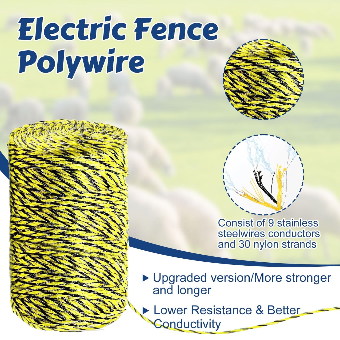 Electric Fence Polywire 660ft, with 50 Electric Fence Insulator and 1 Pcs Insulator Socket Tool, High Conductivity Weatherproof Rust Resistance 6 Steel Strands Electric Fence Wire, for Farm, Pasture