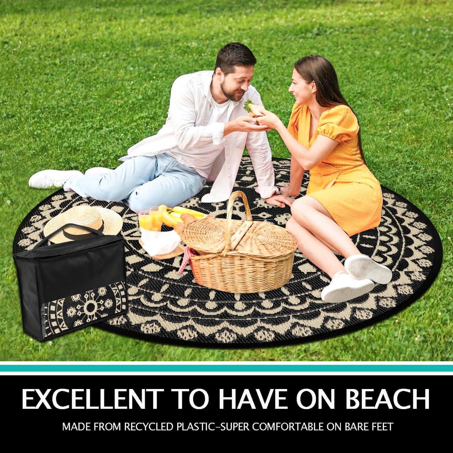 Capslpad 6'x6' Outdoor Rug for Patio Reversible Mat Waterproof Plastic Straw Rug Boho Circle Indoor Outside Area Rug for RV Camping Picnic Pool Tent Balcony Beach Deck Doormats Decor