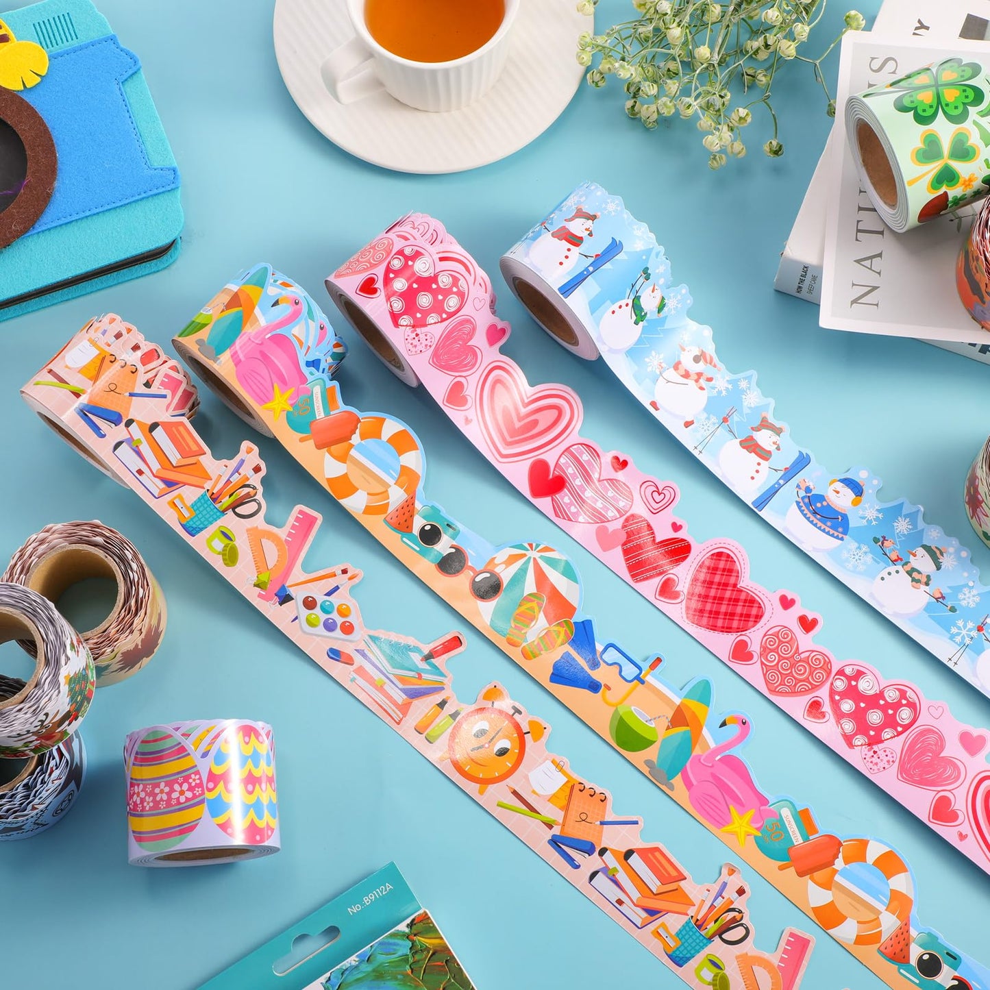Geyee 12 Rolls 394 ft Holiday Bulletin Board Borders Seasonal Bulletin Board Decorations Summer Beach Trim for School Classroom Wall Decor