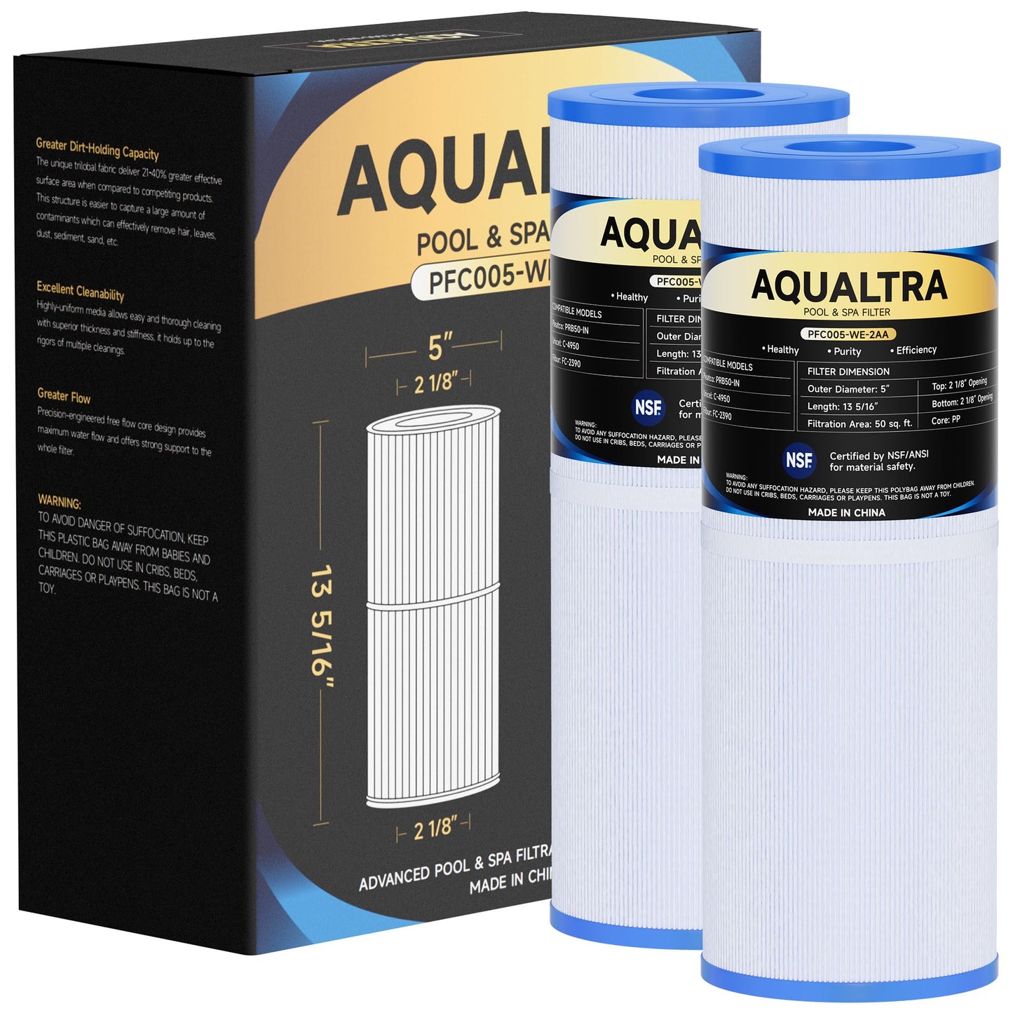 AQUALTRA Spa Filter Replacement Compatible with PRB50-IN, C-4950, FC-2390, Jacuzzi J200/J210/J220/J235/J245/J275, Guardian 413-212-02, 373045, 13 5/16" x 5" Drop in Hot Tub Filter 2 Pack
