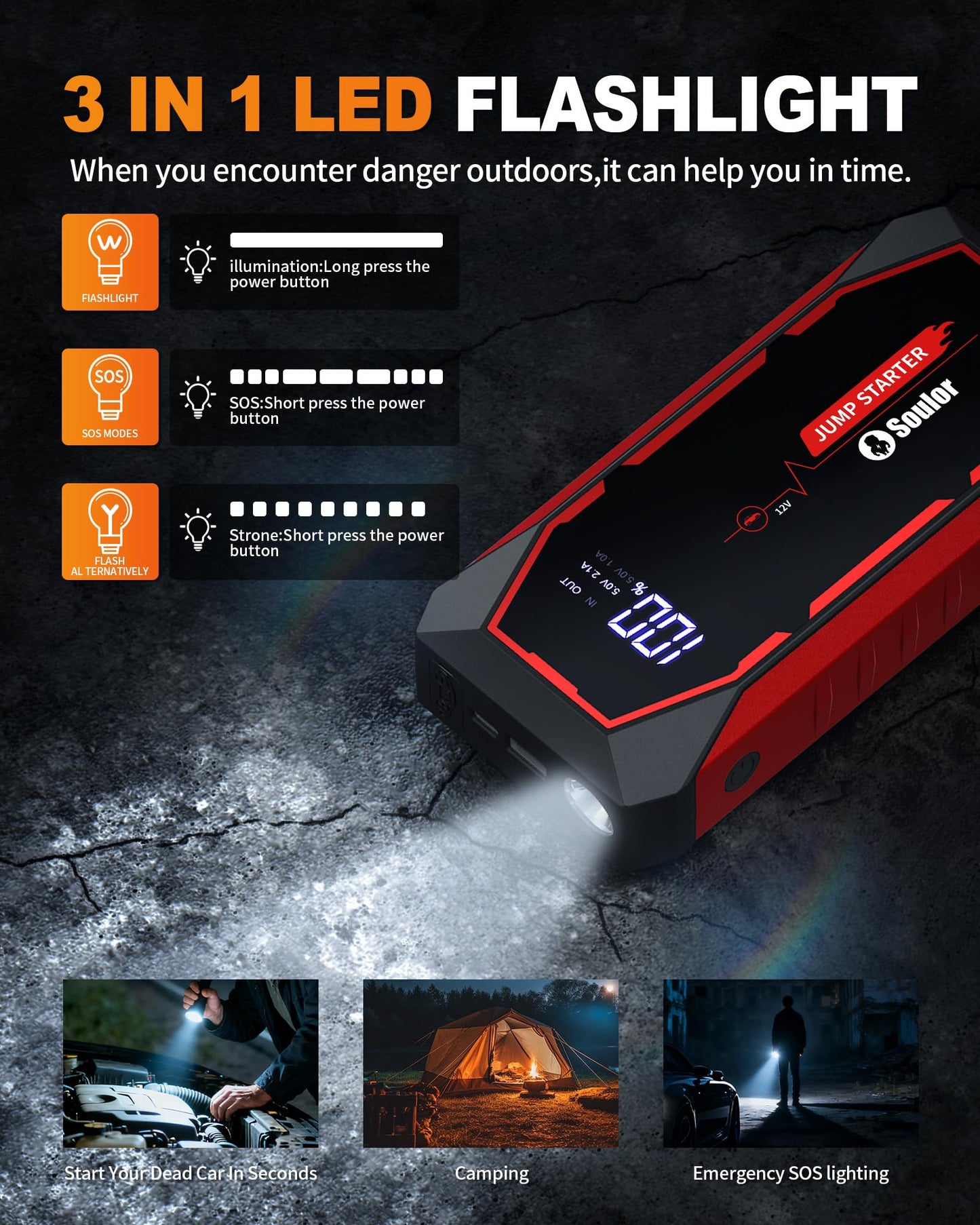 Car Battery Booster Jump Starter,5000A Portable Jump Starter for Up to 8L Gas & 6L Diesel Engines,12V Car Battery Charger Booster Pack with Jumper Cables LED Light