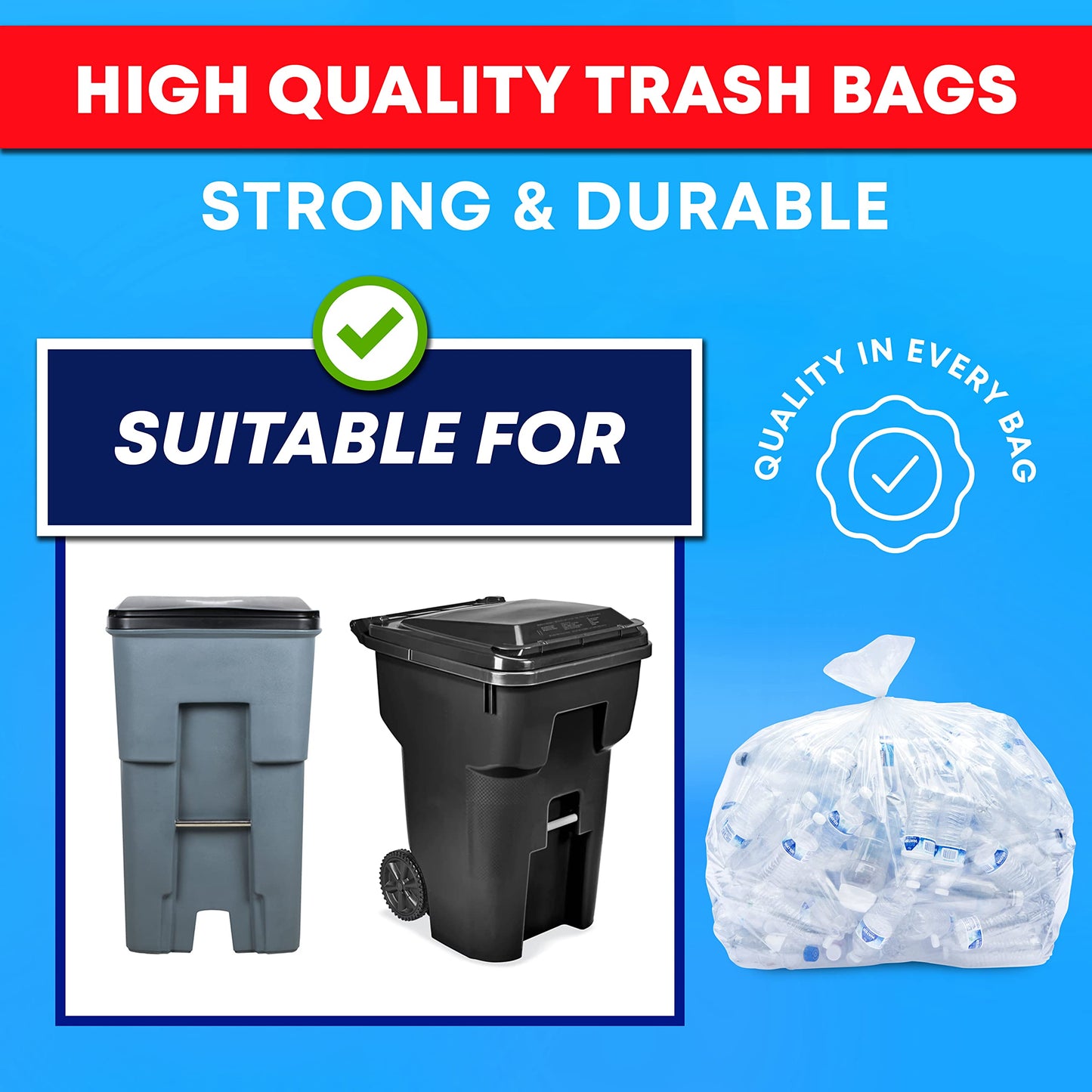 Veska 65 Gallon Clear Trash Bags, (50 Bags w/Ties) Clear Recycling Plastic Garbage Bags. 60 Gallon, 64 Gallon, 65 Gallon Trash Bags
