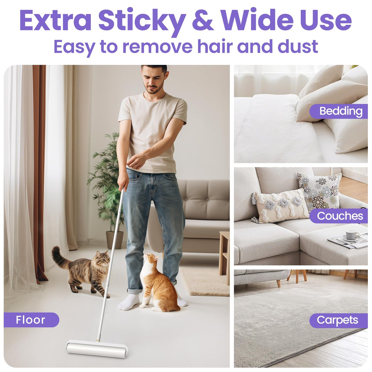DELOMO 14.17" Extra Large Lint Rollers for Pet Hair, Sticky Rollers for Floor with 3 Extendable Handle & 4 Refills (200 Sheets), Long Handle Sticky Mop for Cleaning Carpets, Couches, Furniture, Cars