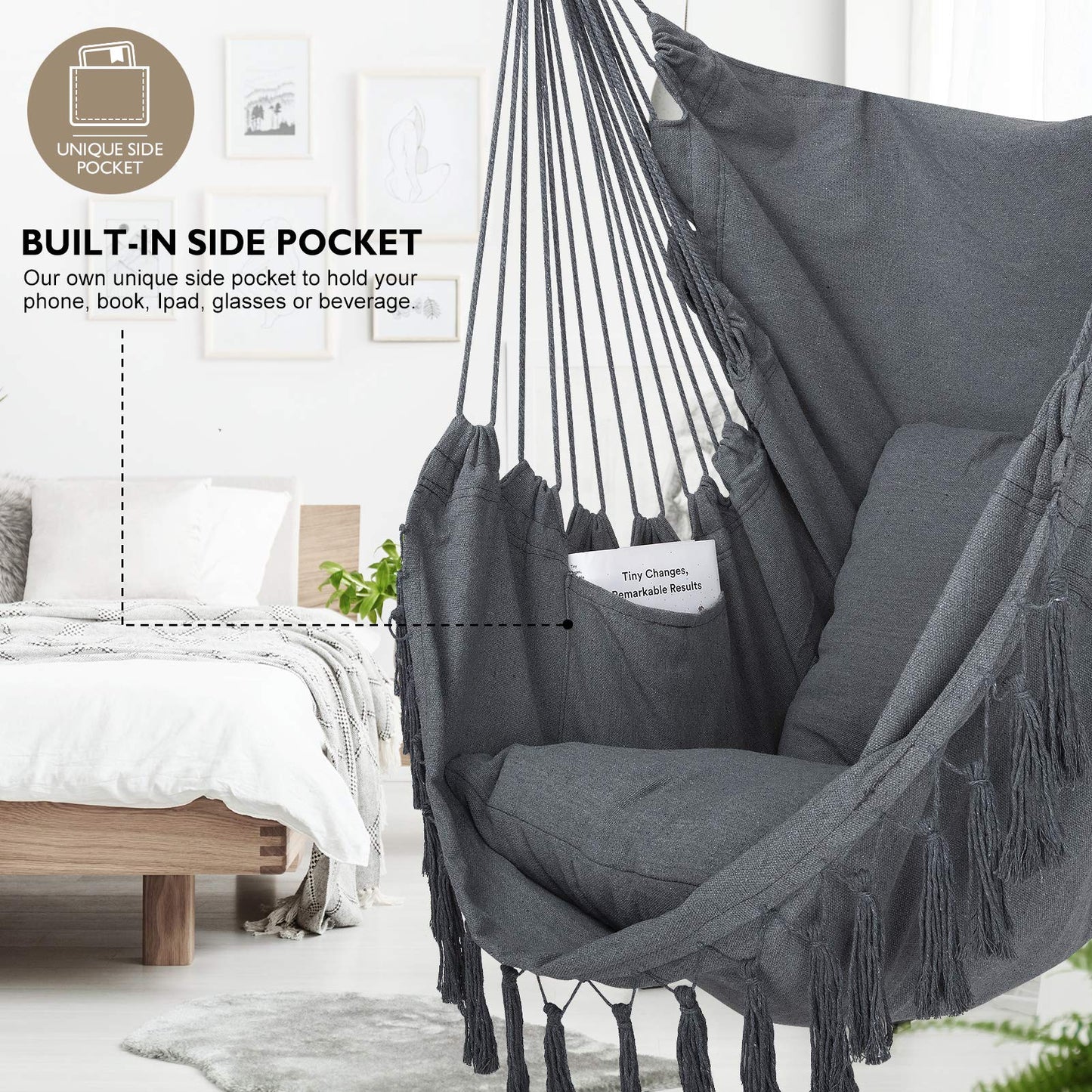 WBHome Extra Large Hammock Chair Swing with Hardware Kit, Hanging Macrame Chair Cotton Canvas, Include Carry Bag & Two Soft Seat Cushions, for Bedroom Indoor Outdoor, Max. Weight 330 Lbs (Grey)