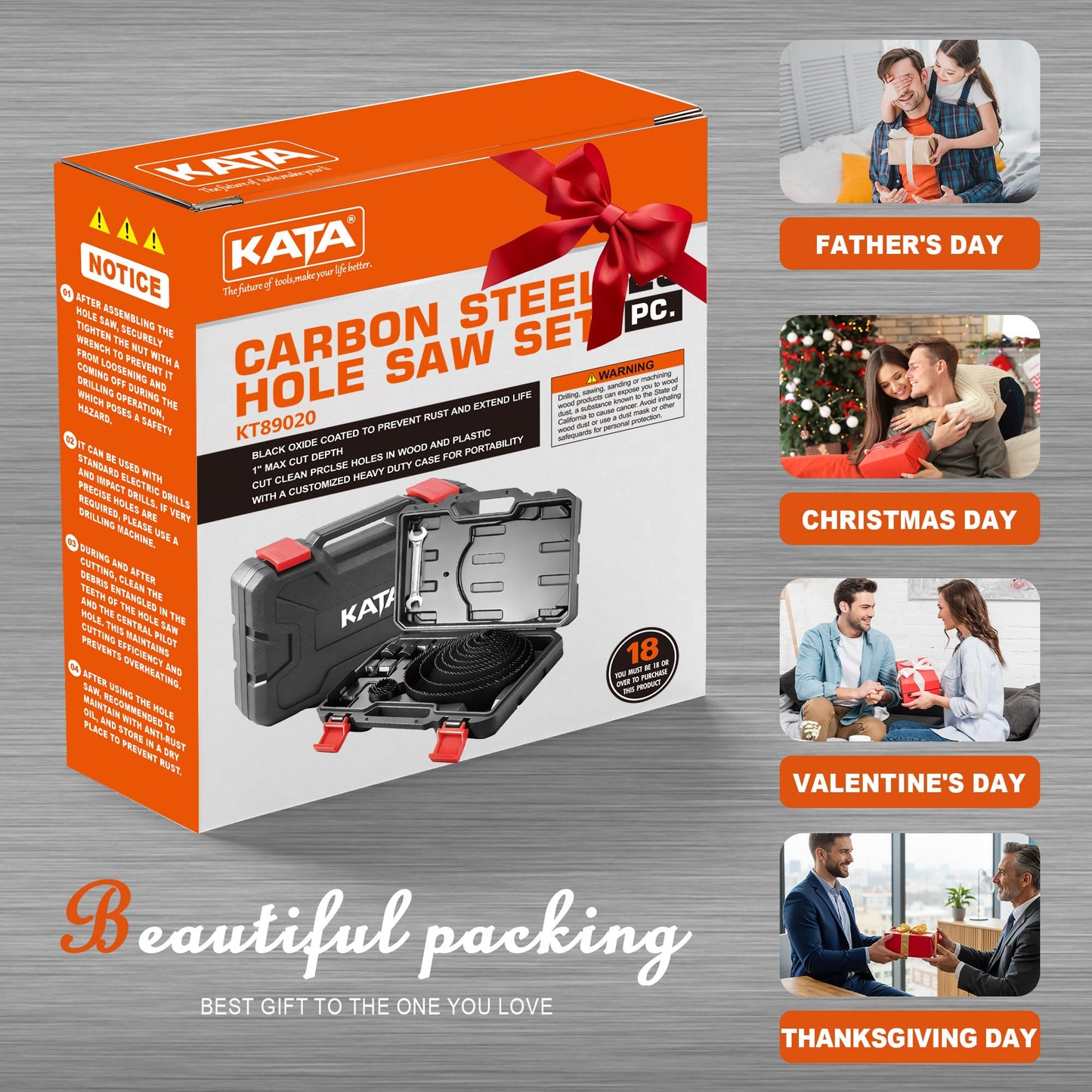 KATA Hole Saw Set 24PCS Hole Saw Kit with 3/4"-6"(19-152mm) 13PCS Saw Blades, 2 Mandrels, 3 Drill Bits, 1 Installation Plate, 1 Hex Key, Ideal for Soft Wood, Plywood, Drywall, PVC