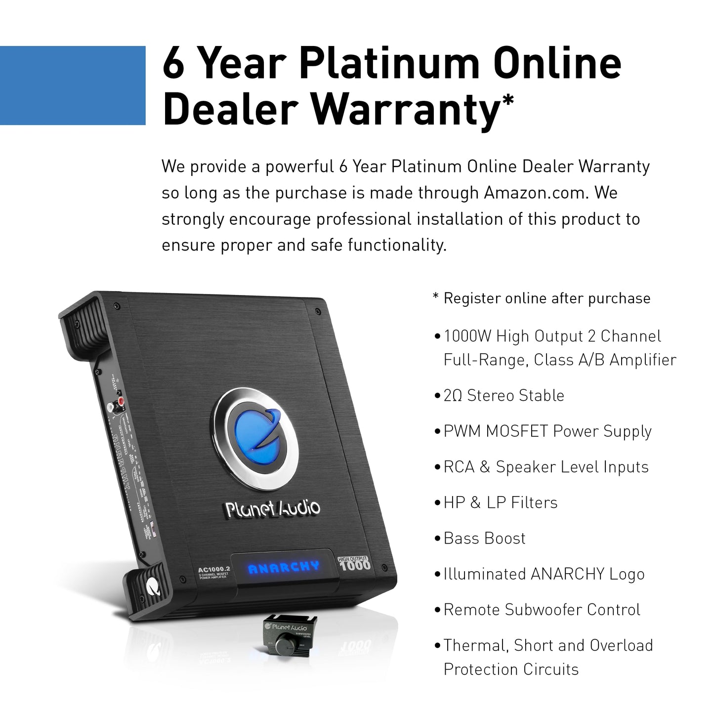 Planet Audio AC1000.2 Anarchy 1000 Watt, 2 Channel, 2/4 Ohm Stable Class A/B, Full Range, Bridgeable, MOSFET Car Amplifier with Remote Subwoofer Control