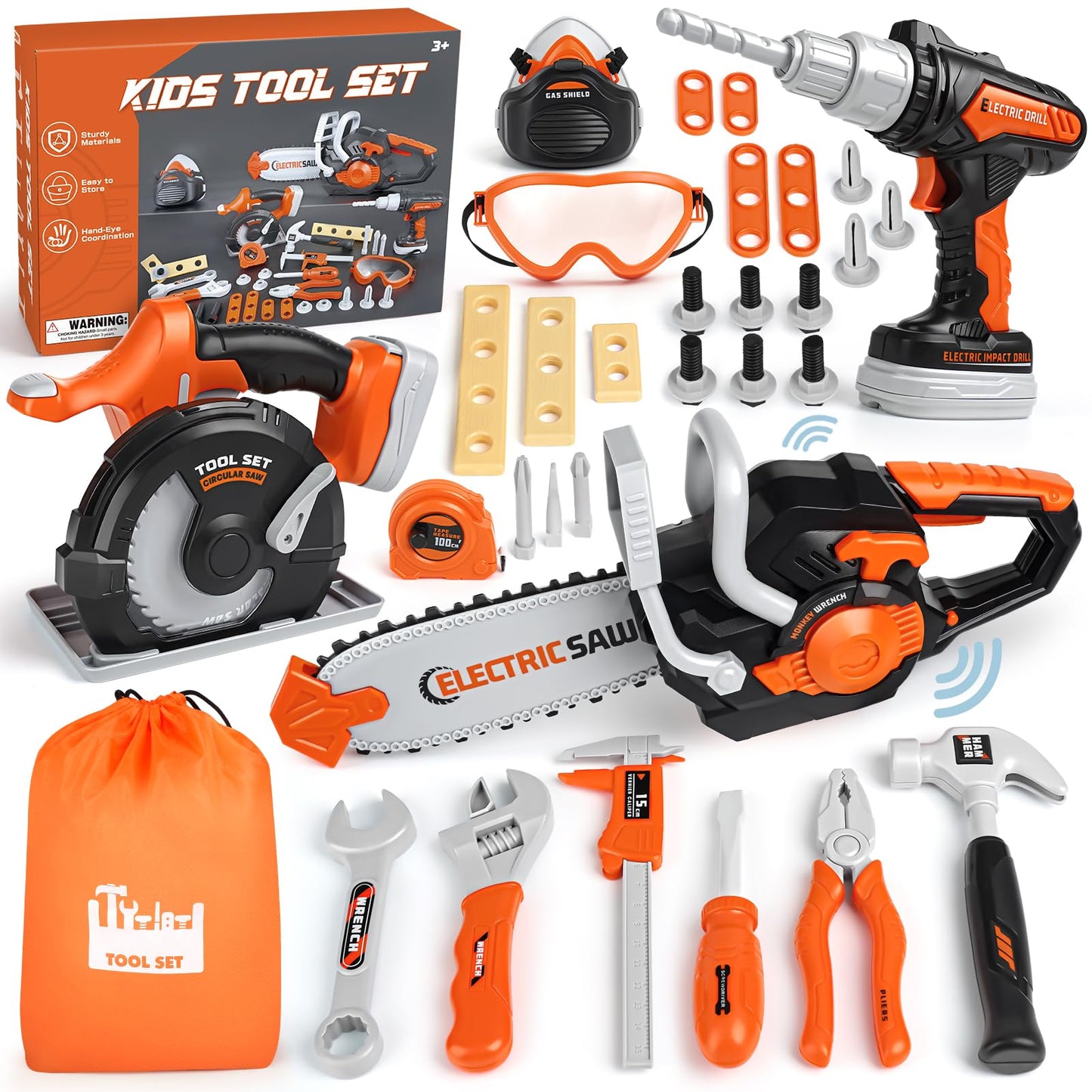 Kids Tool Set - Pretend Play Construction Toys for 3 4 5 Year Old Boy Gifts, Preschool Learning Tool Set with Electronic Drill/Chainsaw Toy/Circular Saw, Toddler Take Apart Stem Toys for Kid 3-5