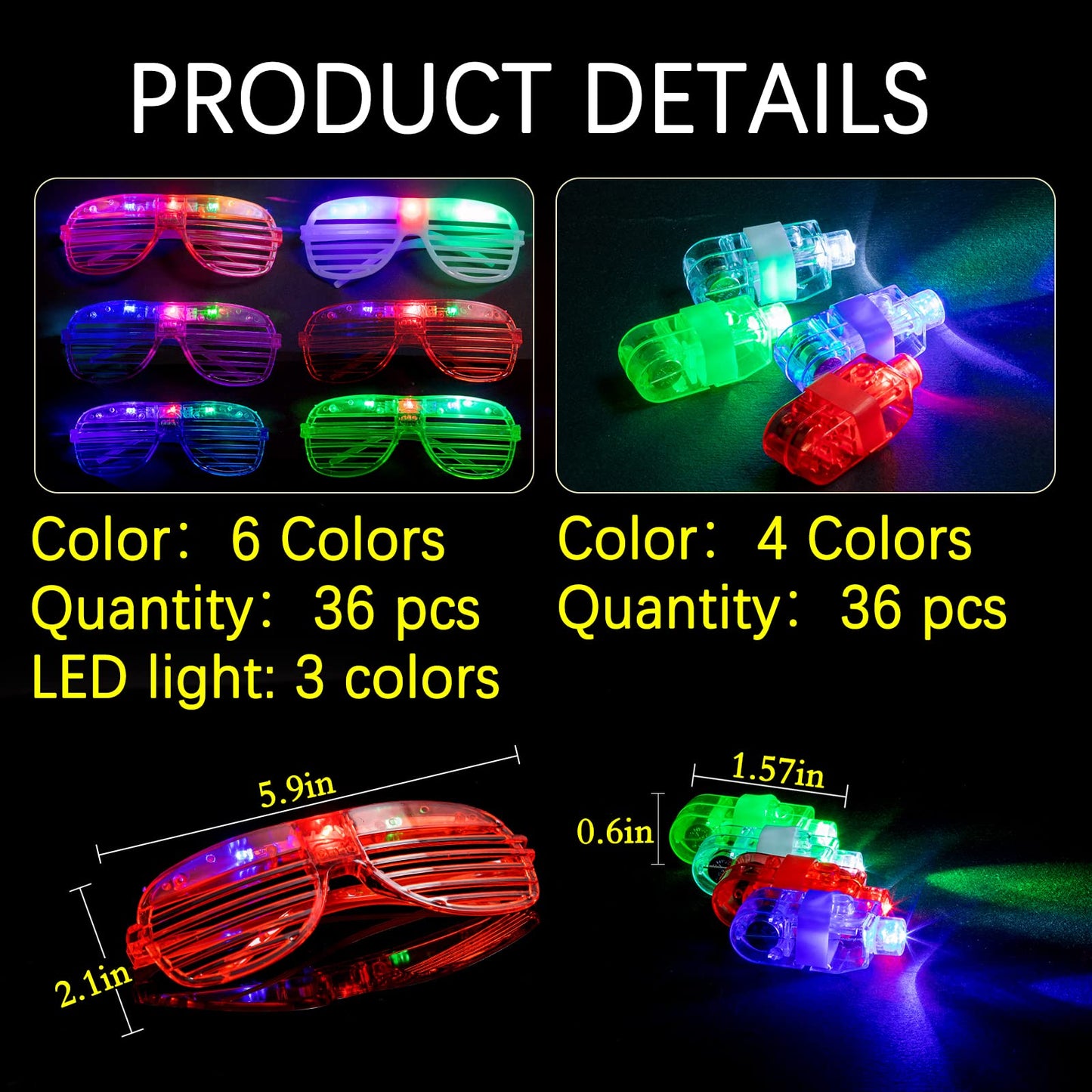 72 Pack LED Light Up Neon Flashing Toys 6 Color Glow in the Dark Party Supplies with 36 LED Glasses Shutter Shades Glow, 36 Finger Ring Lights for Birthday,Easter, Carnival Rave Party