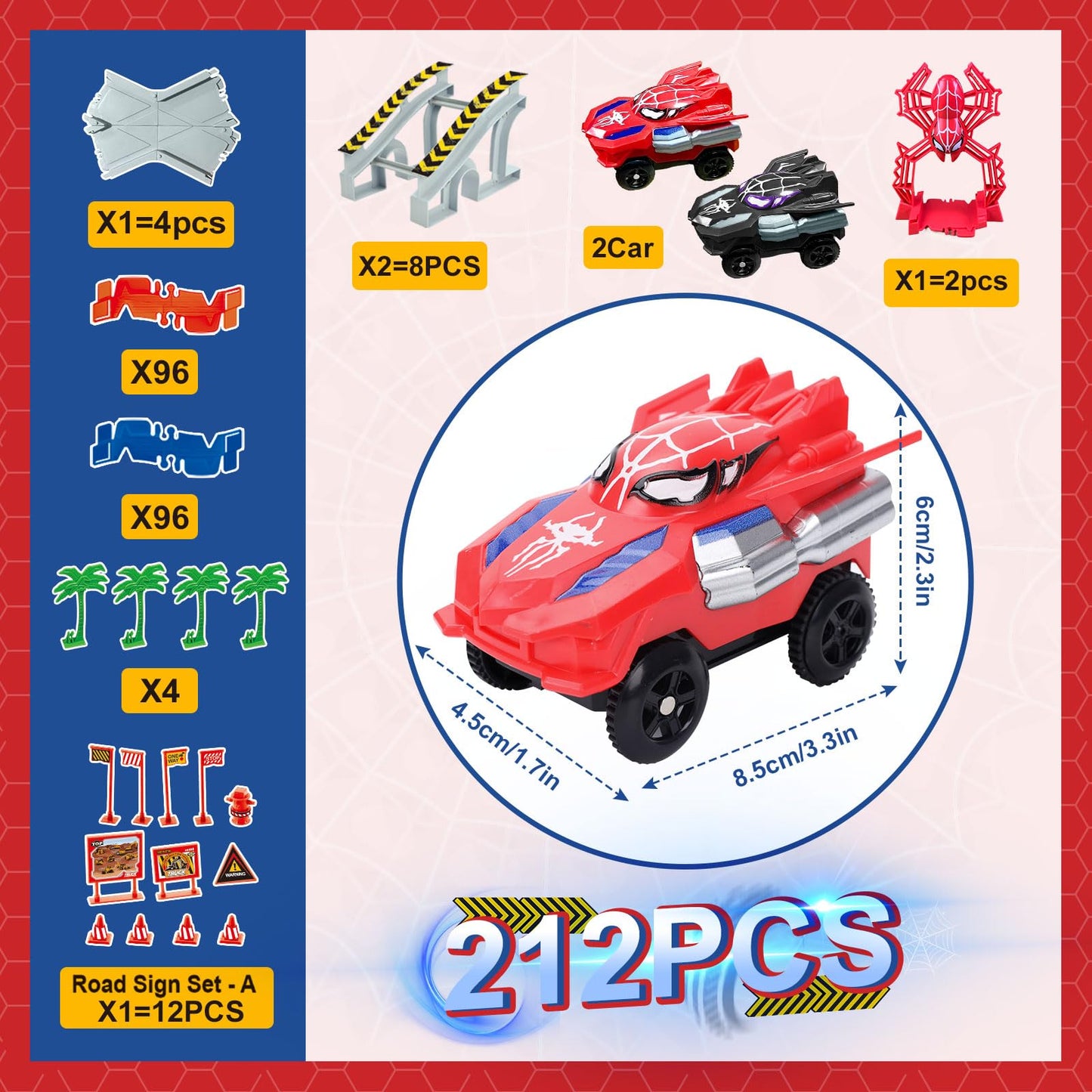 Spider Toys Race Car Track Set 212 PCS for Kids Ages 3-8, Interactive Building Toy with Monster Truck and Car Ramps, Educational STEM Learning Gift for 3 4 5 6 Year Old Boys and Girls