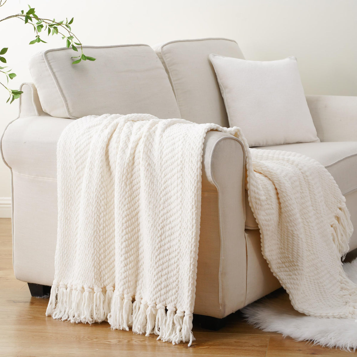 BATTILO HOME Cream Throw Blankets for Couch, Textured Knitted White Throw Blanket with Tassels, Ivory Blanket for Bed Sofa Cover Living Room, Soft Warm Cozy Large Cream Blanket for Home Decor,60"x80"