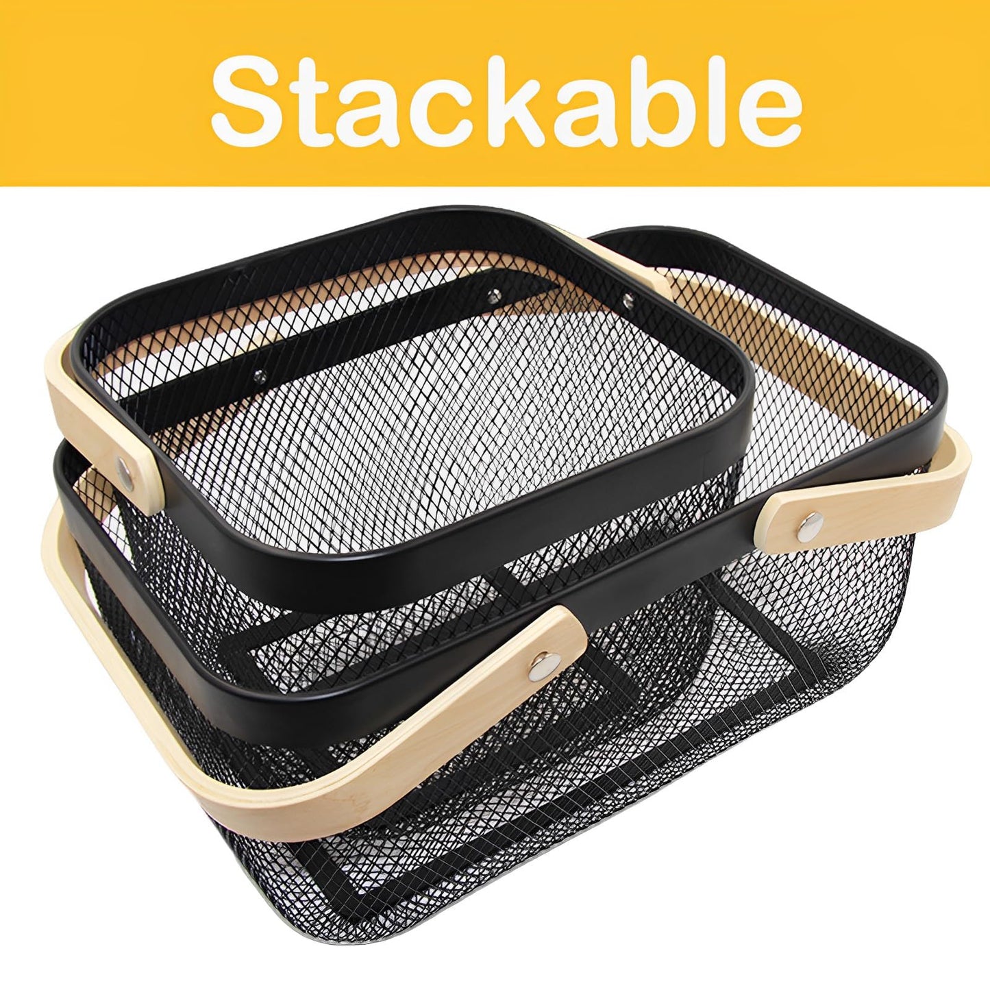 Cheardia 2 Pack Picnic Baskets, Metal Mesh Harvest Basket with Foldable Wooden Handle, Rectangle Garden Storage Basket Bin for Vegetable Fruit Garden Kitchen Cabinet Picking Gathering, Black
