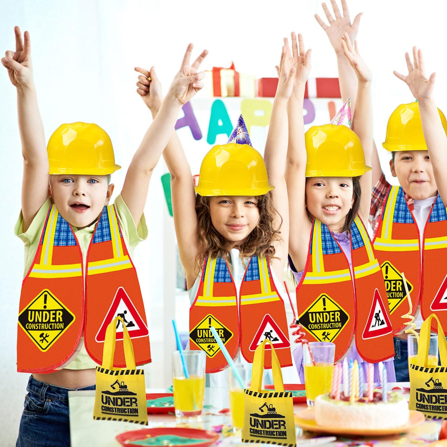 24 Pcs Party Supplies Set, 8 Construction Vests | 8 Construction Hats | 8 Tote Bags for Kids Dress up Birthday Party (SIGNS)