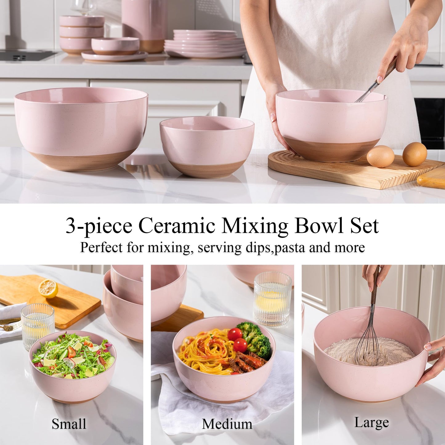 AmorArc Ceramic Mixing Bowls|Nesting Bowls Set of 3 for Kitchen|Stoneware Serving Bowls with Rustic Terracotta Underside for Mixing,Cooking,Baking,Salad| Microwave & Dishwasher Safe 4.6/2.8/1.3 Qt