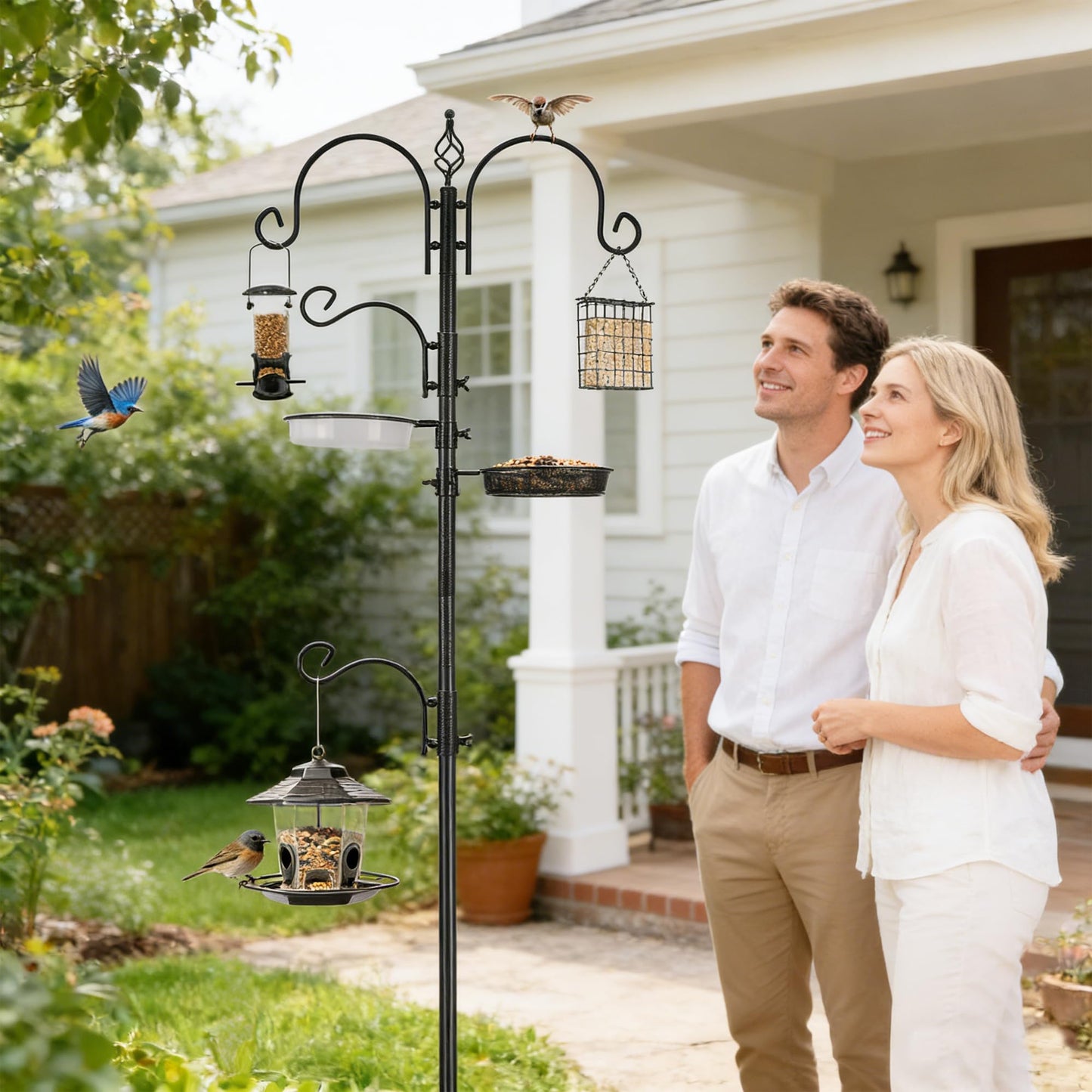 Bird Feeder Pole Bird Feeding Stand Outdoor Hanging Wild Bird Feeder Station Kit Planter Hanger Multi Feeder Hanging with Metal Suet Feeder Bird Bath for Attracting Wild Birds
