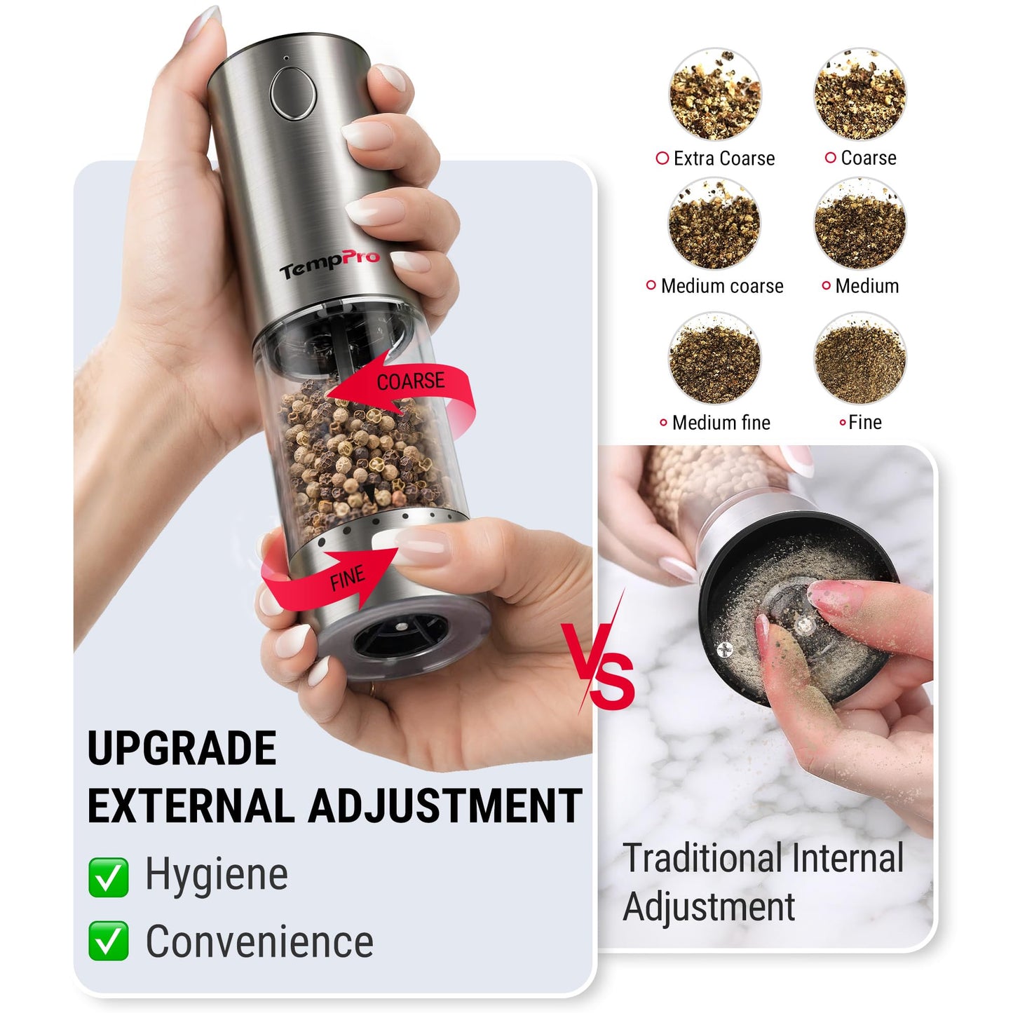 TempPro Electric Salt and Pepper Grinder Set with External Adjustable Coarseness, 100ml Rechargeable Salt and Pepper Shaker with LED light, Stainless Steel Automatic Pepper Mill (Previously ThermoPro)