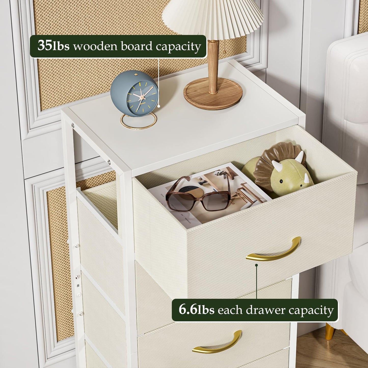 4-Drawer Dresser Vertical Storage Tower Fabric Dresser for Bedroom, Hallway, Entryway, Closet Organizer, Nightstand Bedside Table Furniture,Wooden Top (4-Tier, White)