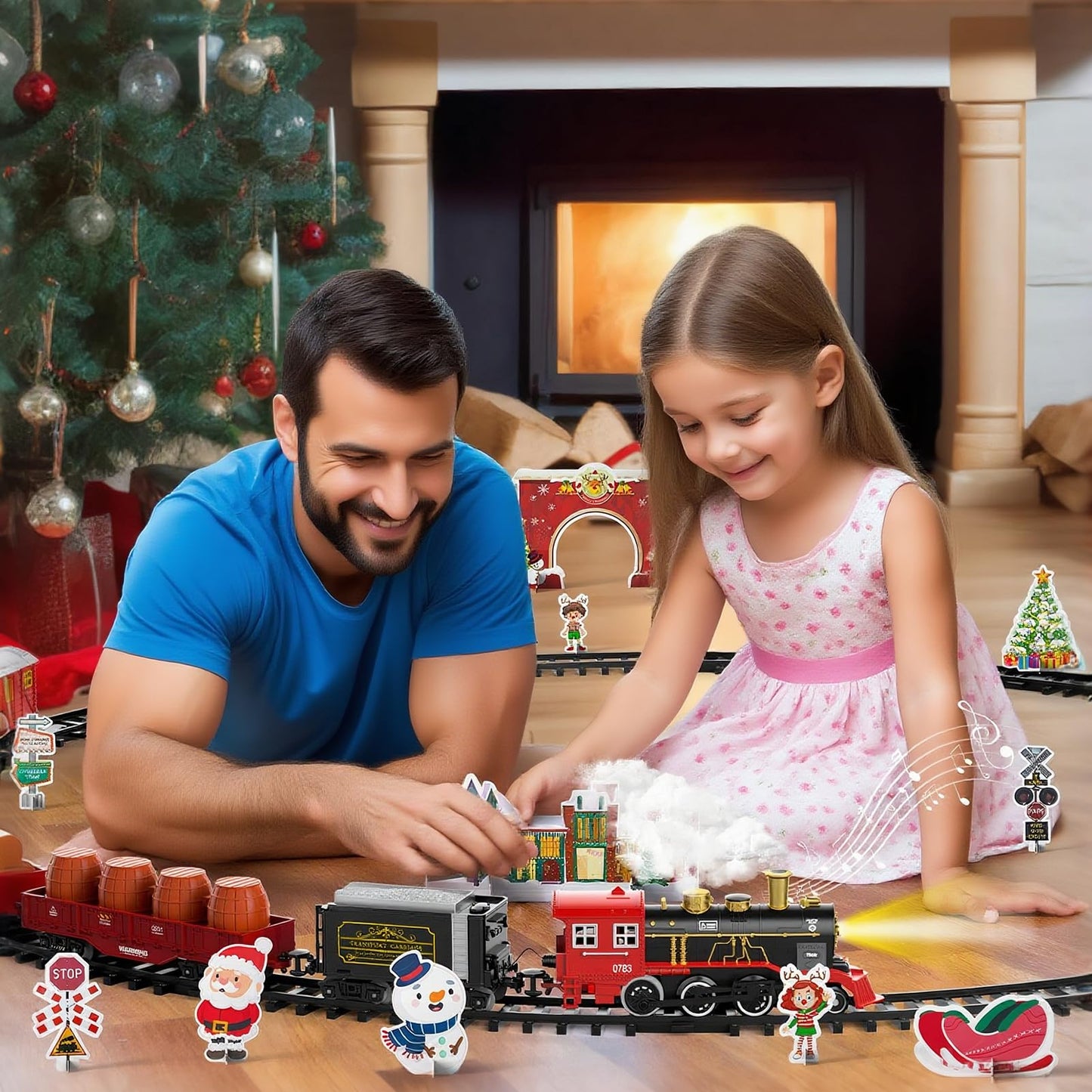 BLmukce Train Set, Kids Electric Train Toy for Boys 4-8 with Smoke, Lights & Sound, Toy Train Set with Chrimastmas Stickers, Toddler Model Birthday Gifts for Boys & Girls (43.3 in)