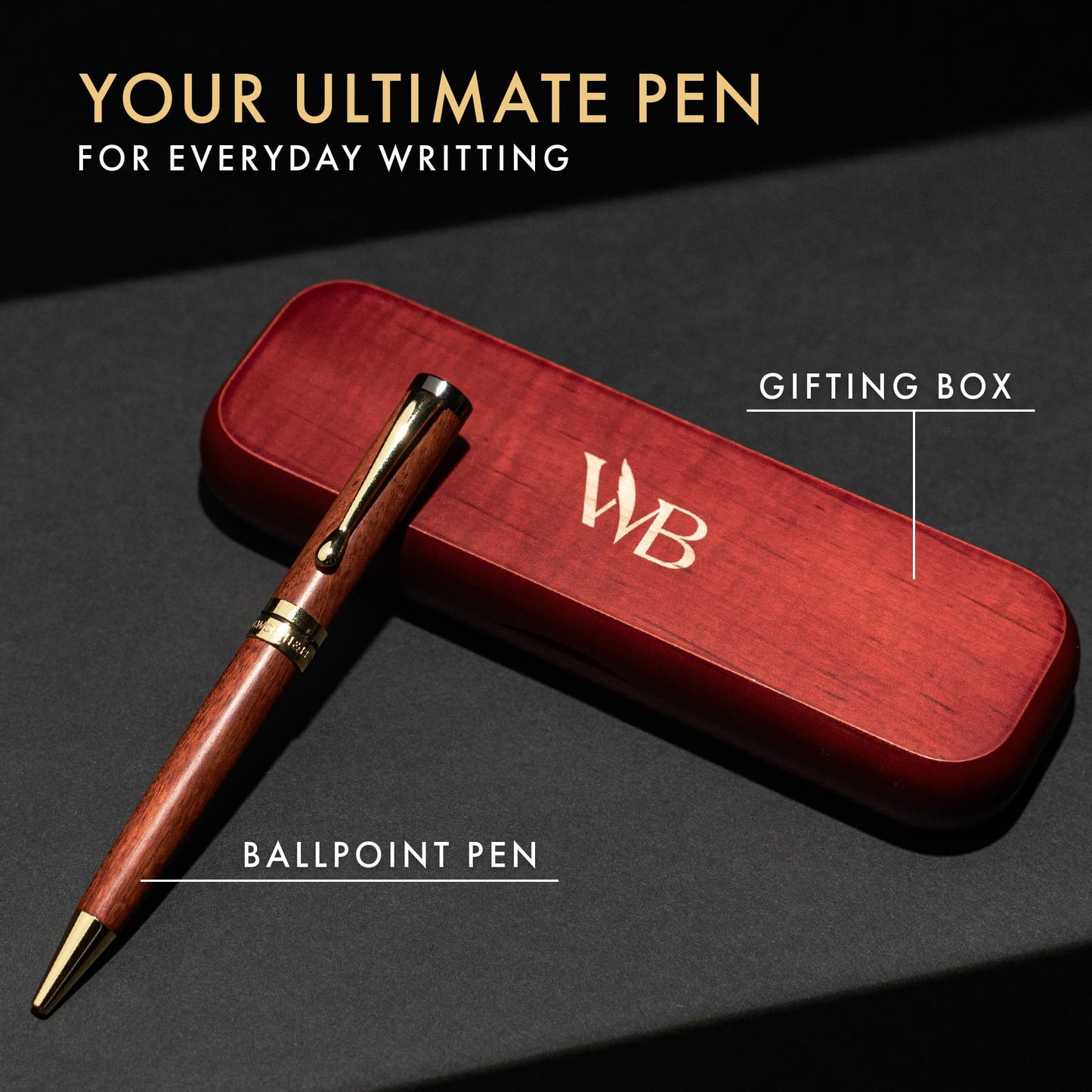 Wordsworth and Black Ballpoint Pen Set - Stunning Luxury Pen Bamboo Rosewood Gold Finish, Refillable, Best Ball Pen for Men & Women, Black Ink Refill, Elegant, Point Pen