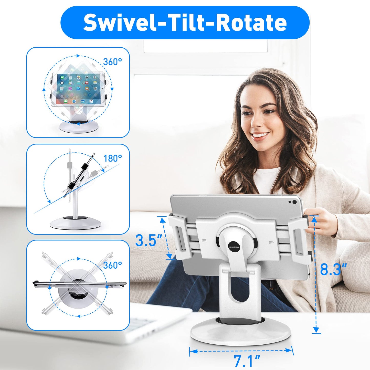 AboveTEK Retail Kiosk Tablet Stand, 360° Rotating Commercial Tablet Stand, 6-13.5" Business Tablet Holder, Swivel Design for Store POS Office Showcase Reception Kitchen Desktop (White)