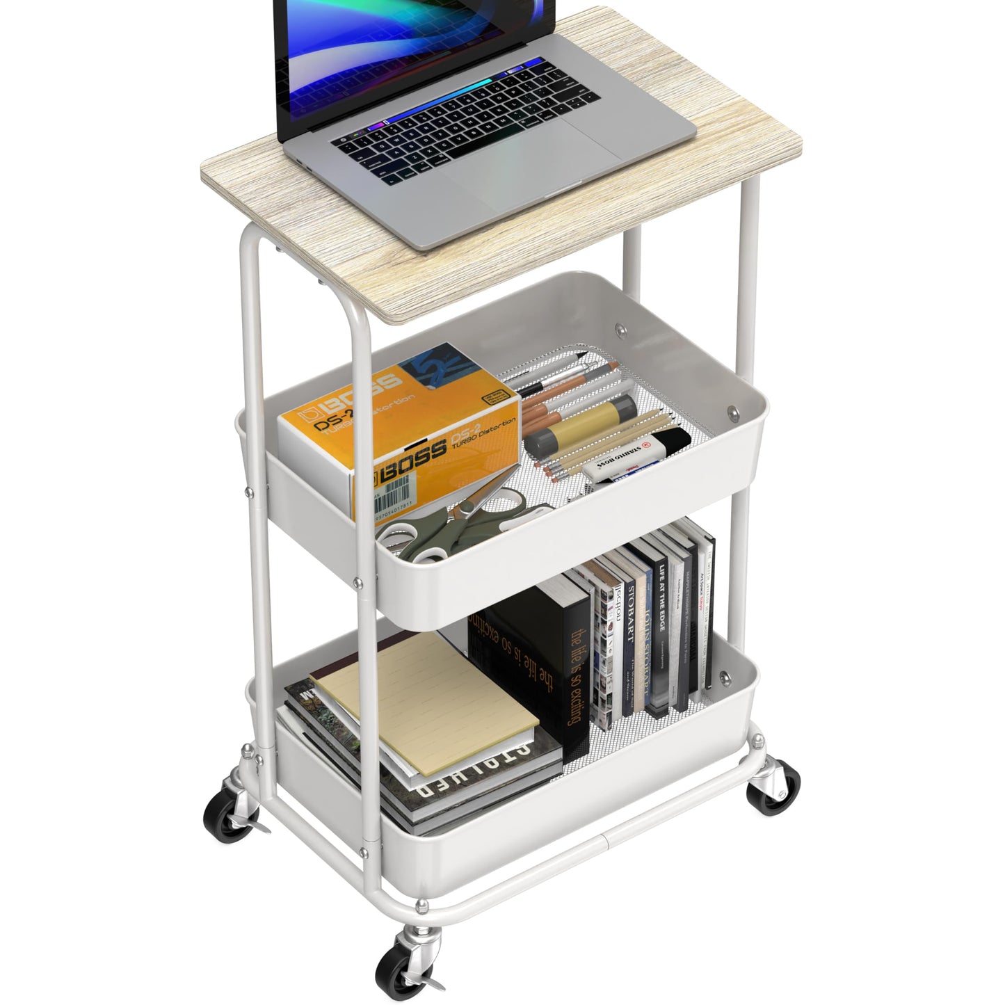 Simple Houseware 3-Tier Metal Rolling Utility Cart with Wooden Top and Lockable Wheel, Storage Organizer Trolley for Kitchen, Bathroom, Office, Craft Room, Maple