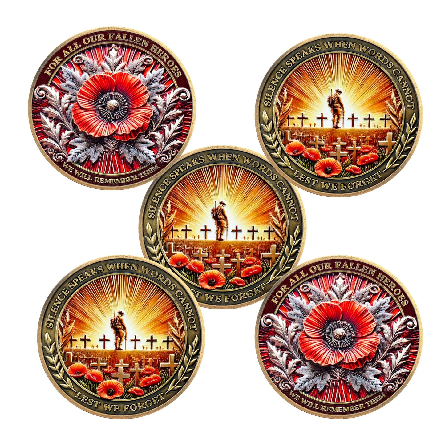 IELCJJ Poppy Military Challenge Coin - Memorial Coin Honoring Fallen Heroes with Poppy and Cross - Veterans Challenge Coin - Patriotic Military Memorabilia Gift (5 PCS)