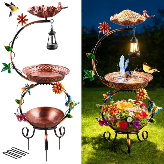 Metal Bird Bath for Outdoors, 3 in 1 Copper Birdbath Stand for Outside with Solar Lamp & Flower Planter Pedestal, Vintage Freestanding Bird Feeder Shower Bowl for Garden Yard Lawn Decor, YOFOVI