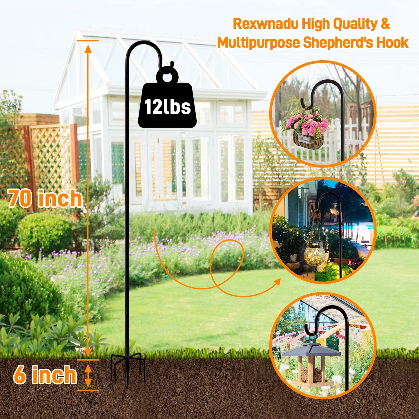 Rexwnadu Shepherds Hook 76 Inches 2 Packs for Bird Feeder Heavy Duty Adjustable Outdoor Shepherd Hooks with 5-Prong Base for Lanterns Planting Hanger Weddings (76")