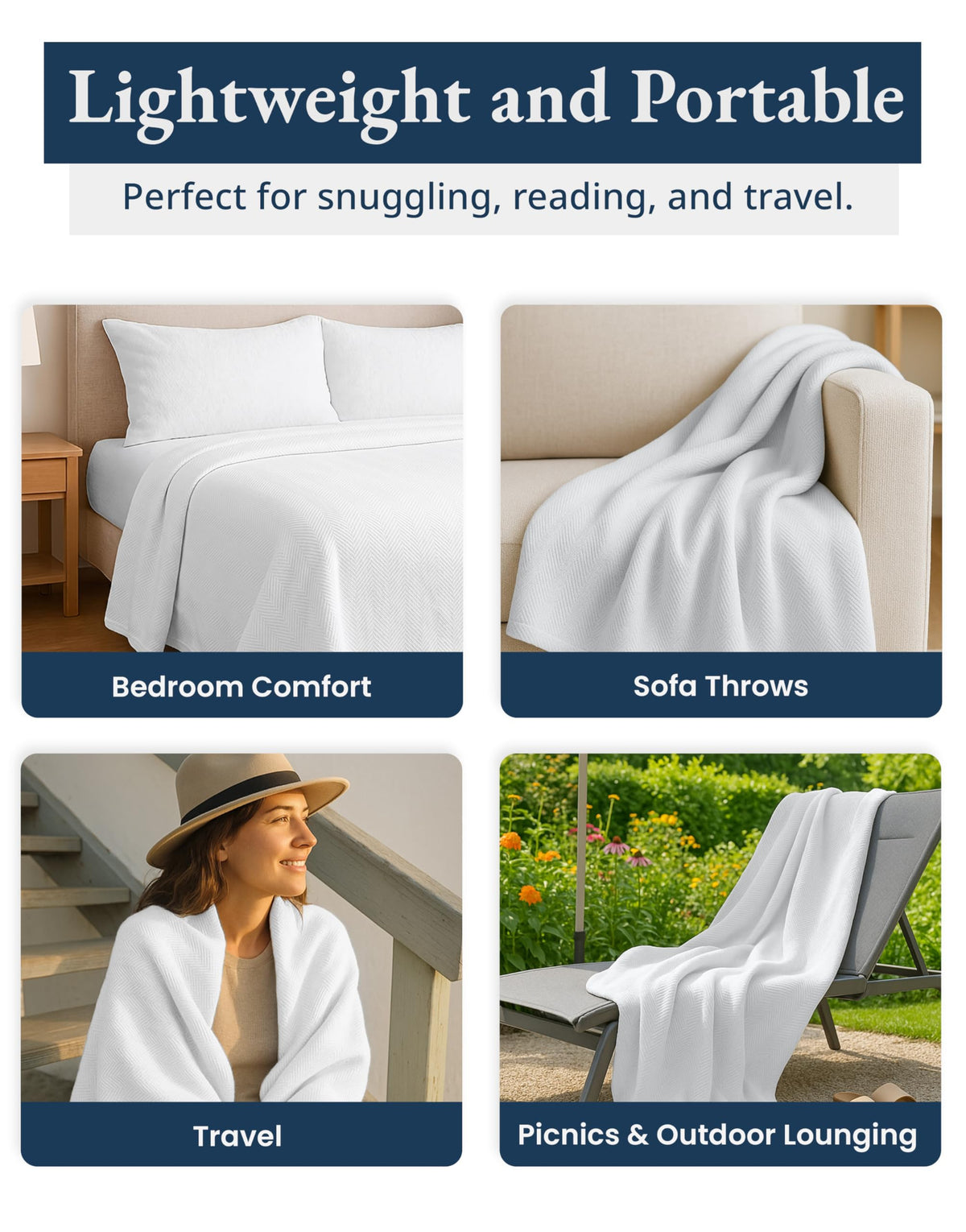 Lane Linen Queen Size Blanket – All-Season 100% Cotton, Soft & Cozy Woven Texture, Lightweight & Breathable Bed Blanket, Durable Thermal Layering Blanket, 90"x90" – White