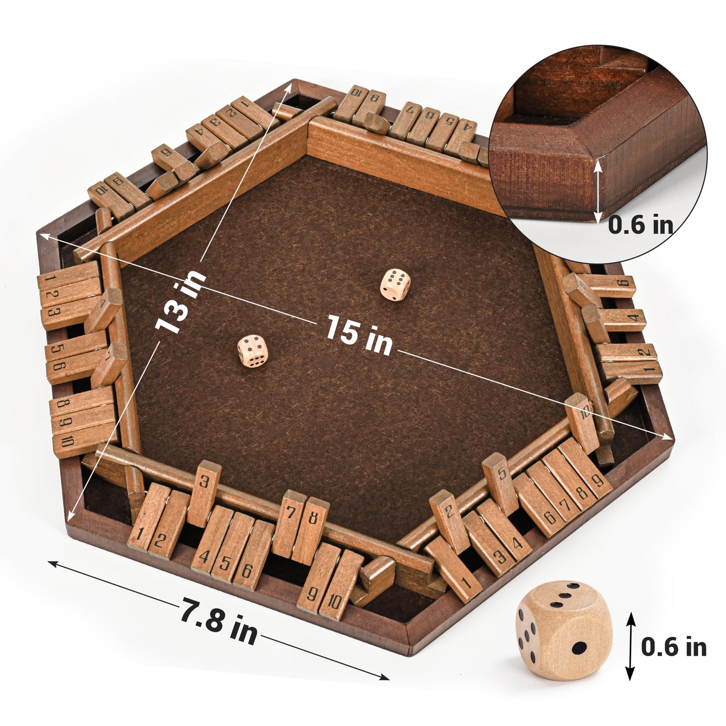 ropoda 6-Way Shut The Box Game-Upgraded 1-6 Player Wooden Dice Game for Adults and Kids, Addition Training, Fun for Family Game Night-Vintage Style